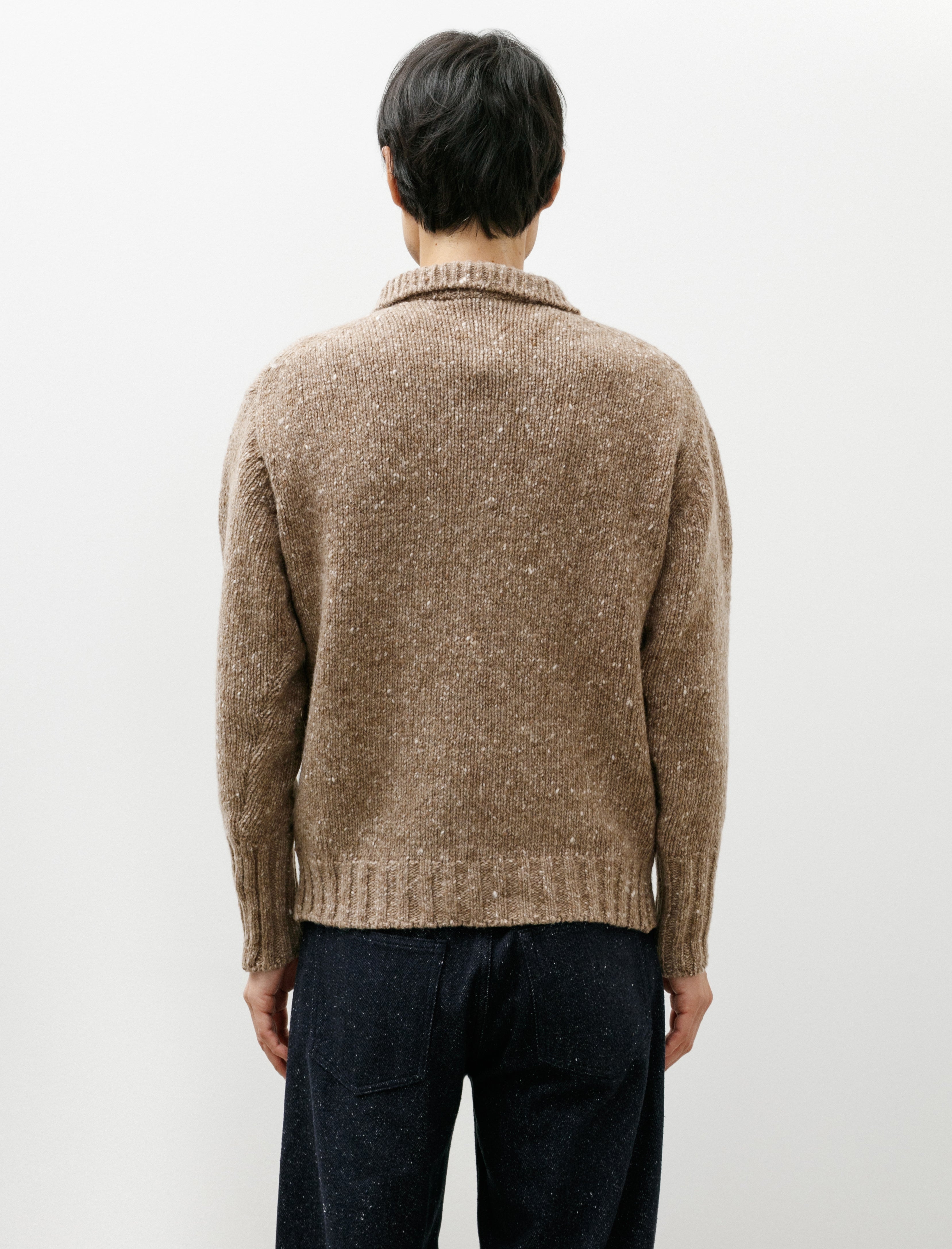 Auralee Low Gauge Homespun Tweed Knit Zip Turtle Top Brown