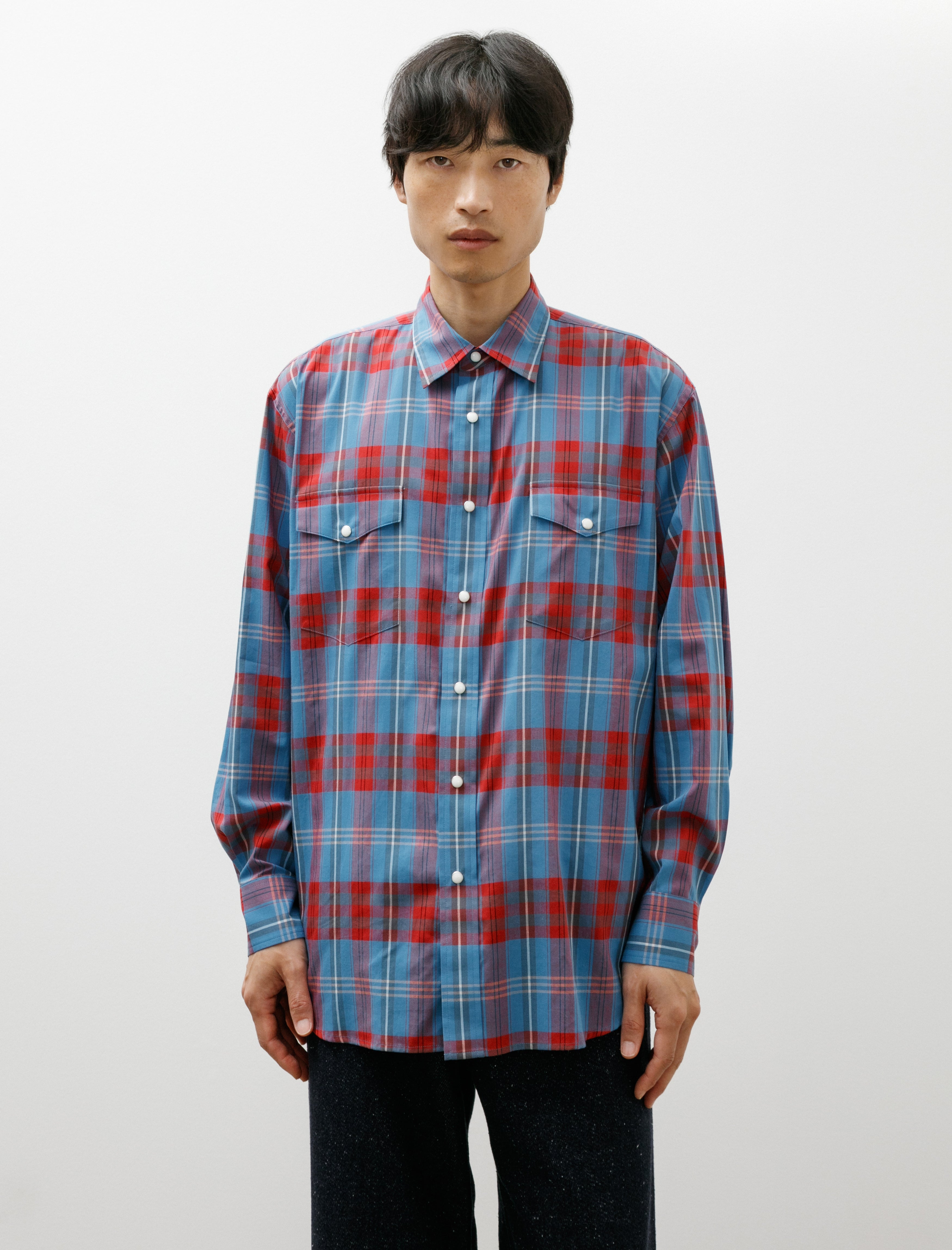 Auralee High Twist Cotton Silk Shirt Blue Check