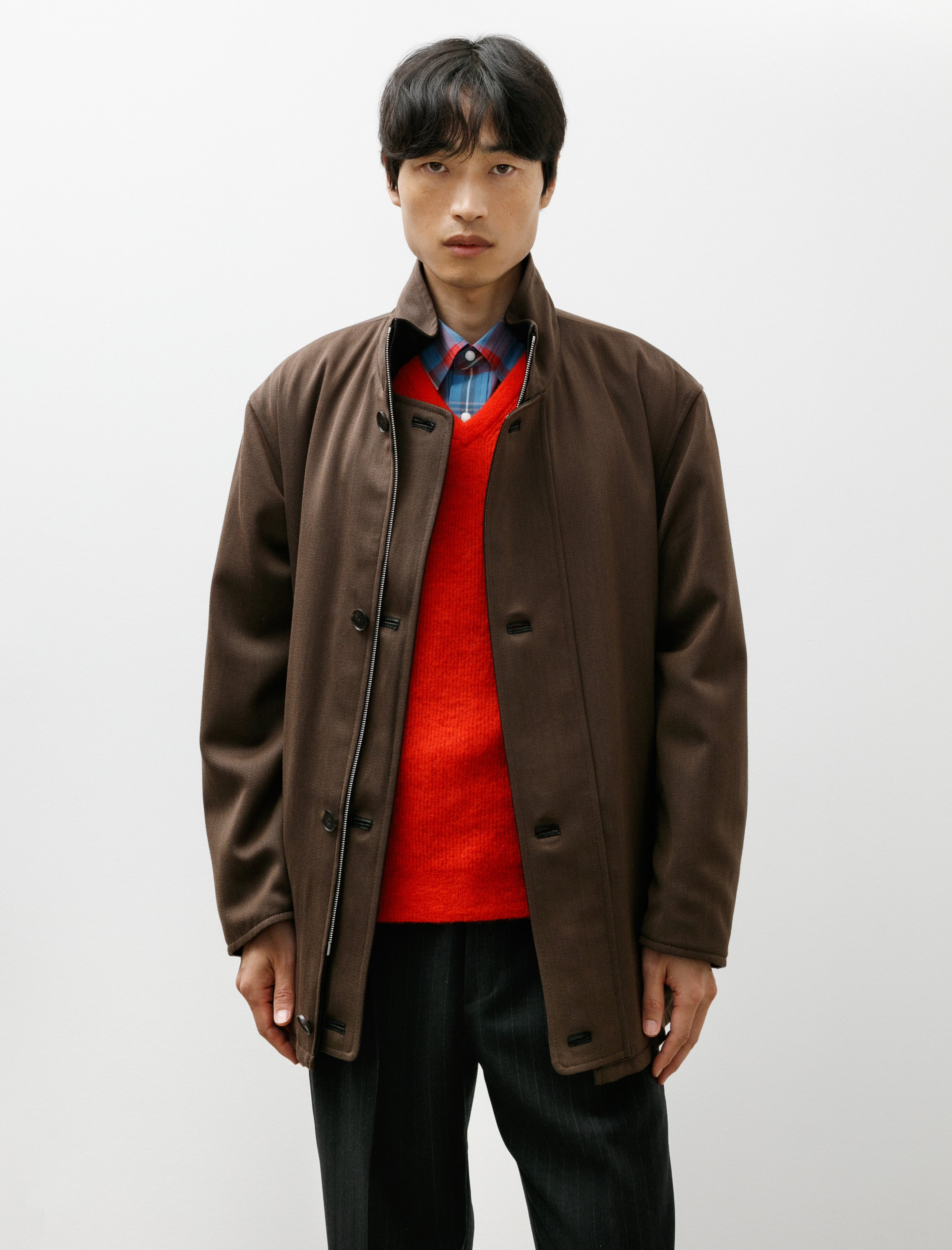 Auralee Reversible Wool Twisted Twill Sheep Leather Half Coat Brown Chambray x Black