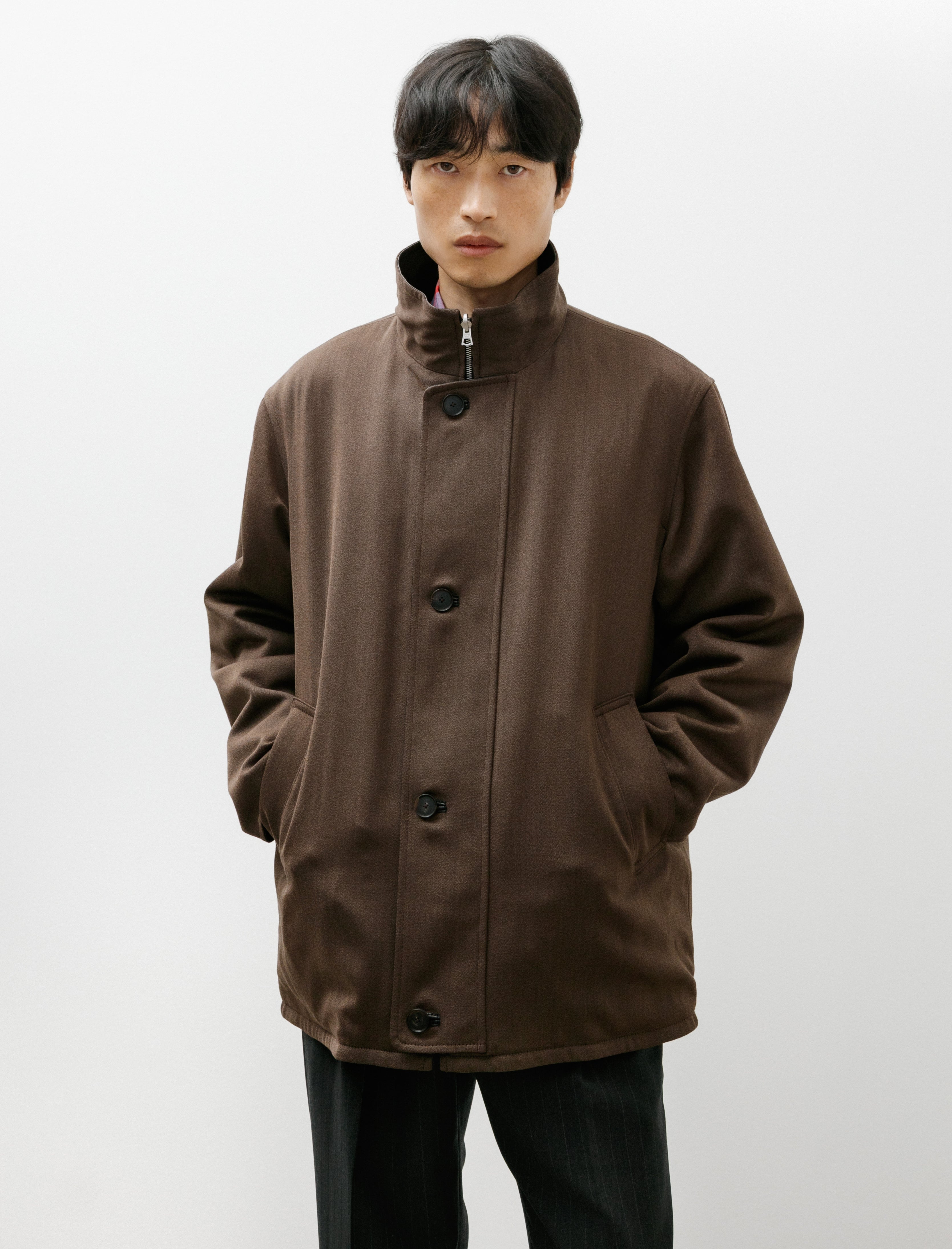 Auralee Reversible Wool Twisted Twill Sheep Leather Half Coat Brown Chambray x Black