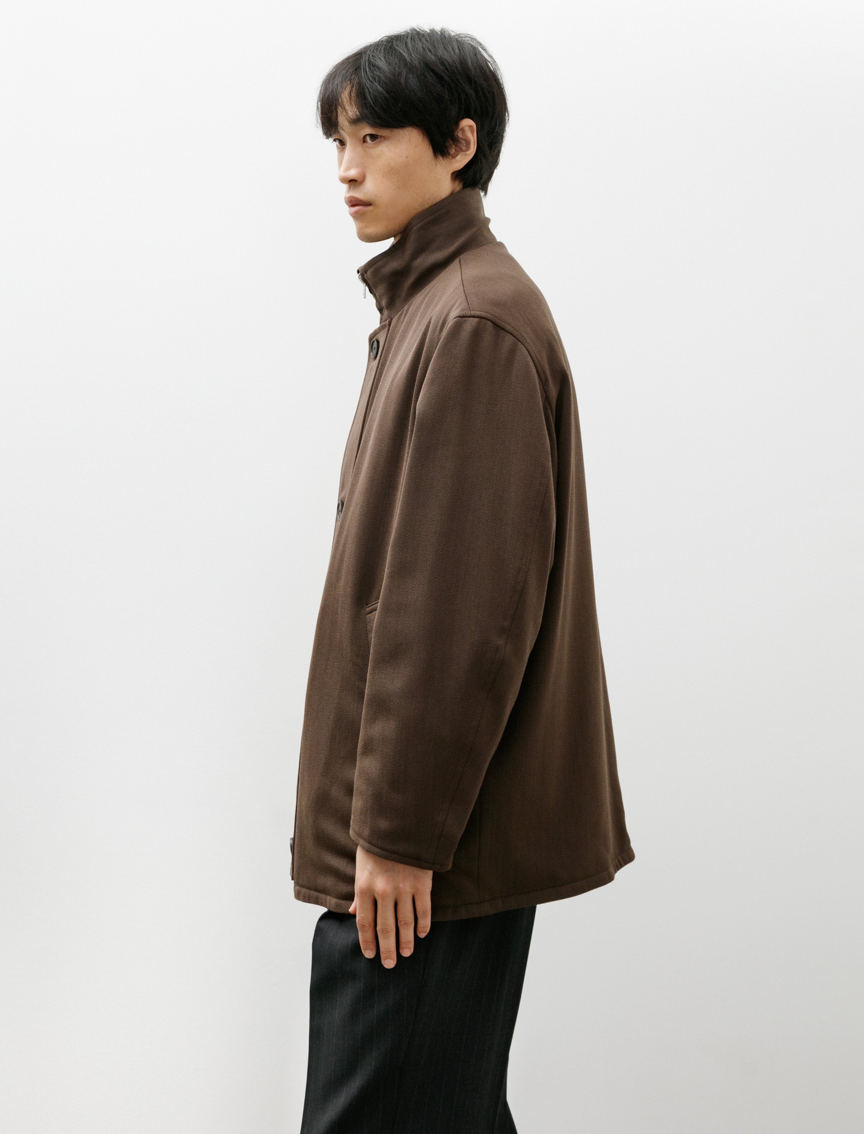 Auralee Reversible Wool Twisted Twill Sheep Leather Half Coat Brown Chambray x Black