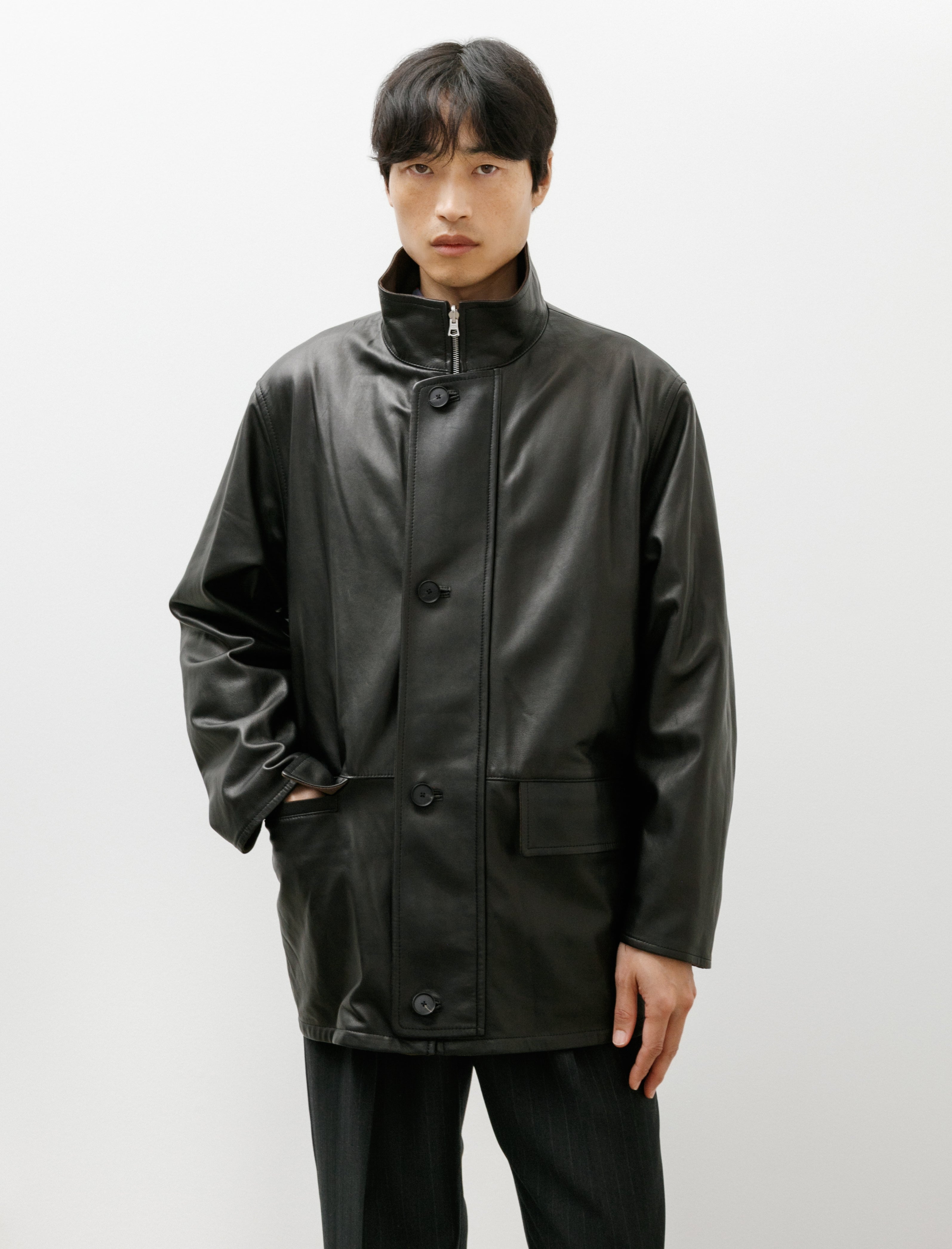 Auralee Reversible Wool Twisted Twill Sheep Leather Half Coat Brown Chambray x Black
