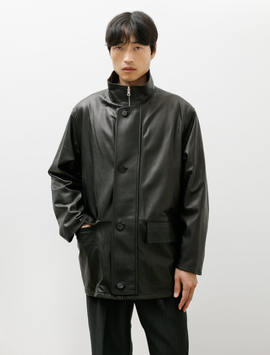 Reversible Wool Twisted Twill Sheep Leather Half Coat Brown Chambray x Black - Image 2