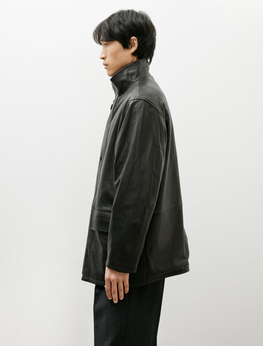 Reversible Wool Twisted Twill Sheep Leather Half Coat Brown Chambray x Black - Image 7
