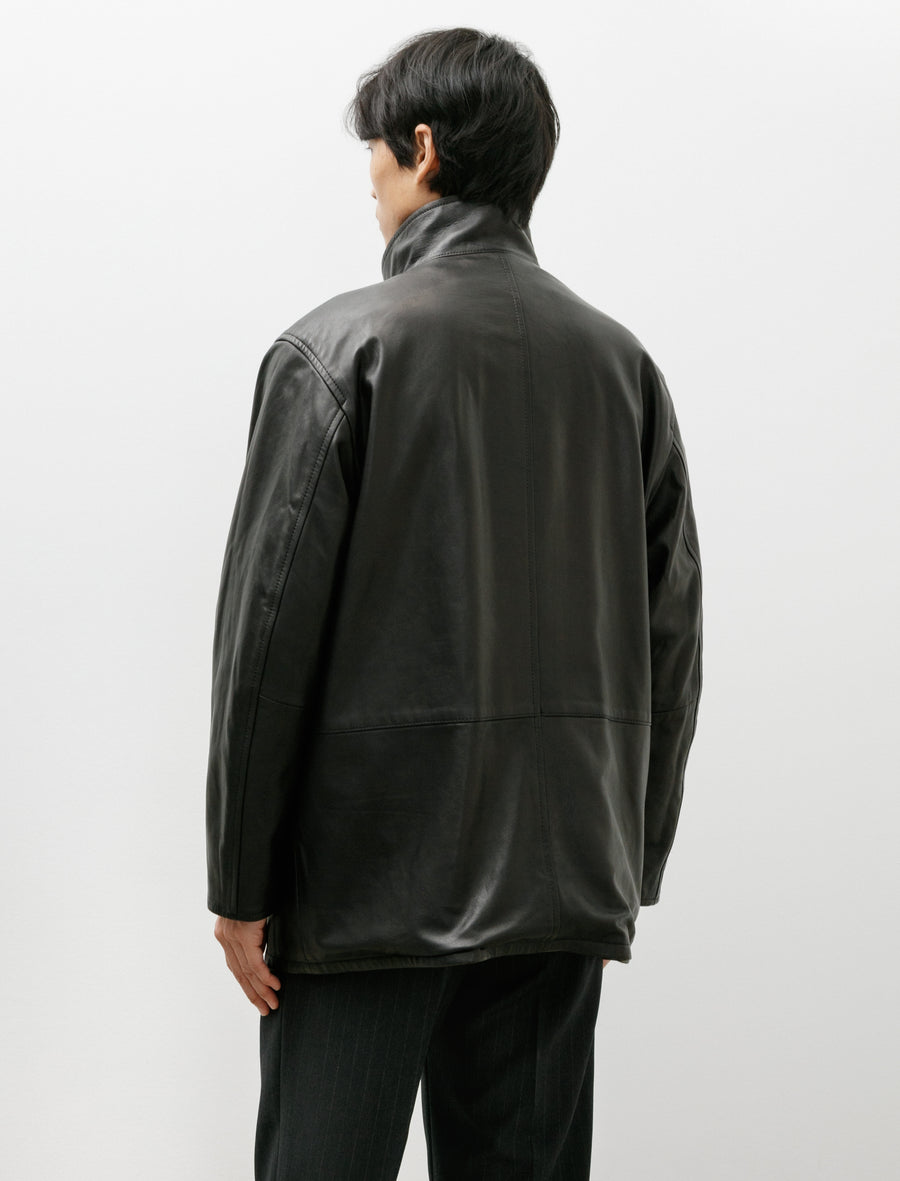 Reversible Wool Twisted Twill Sheep Leather Half Coat Brown Chambray x Black - Image 6