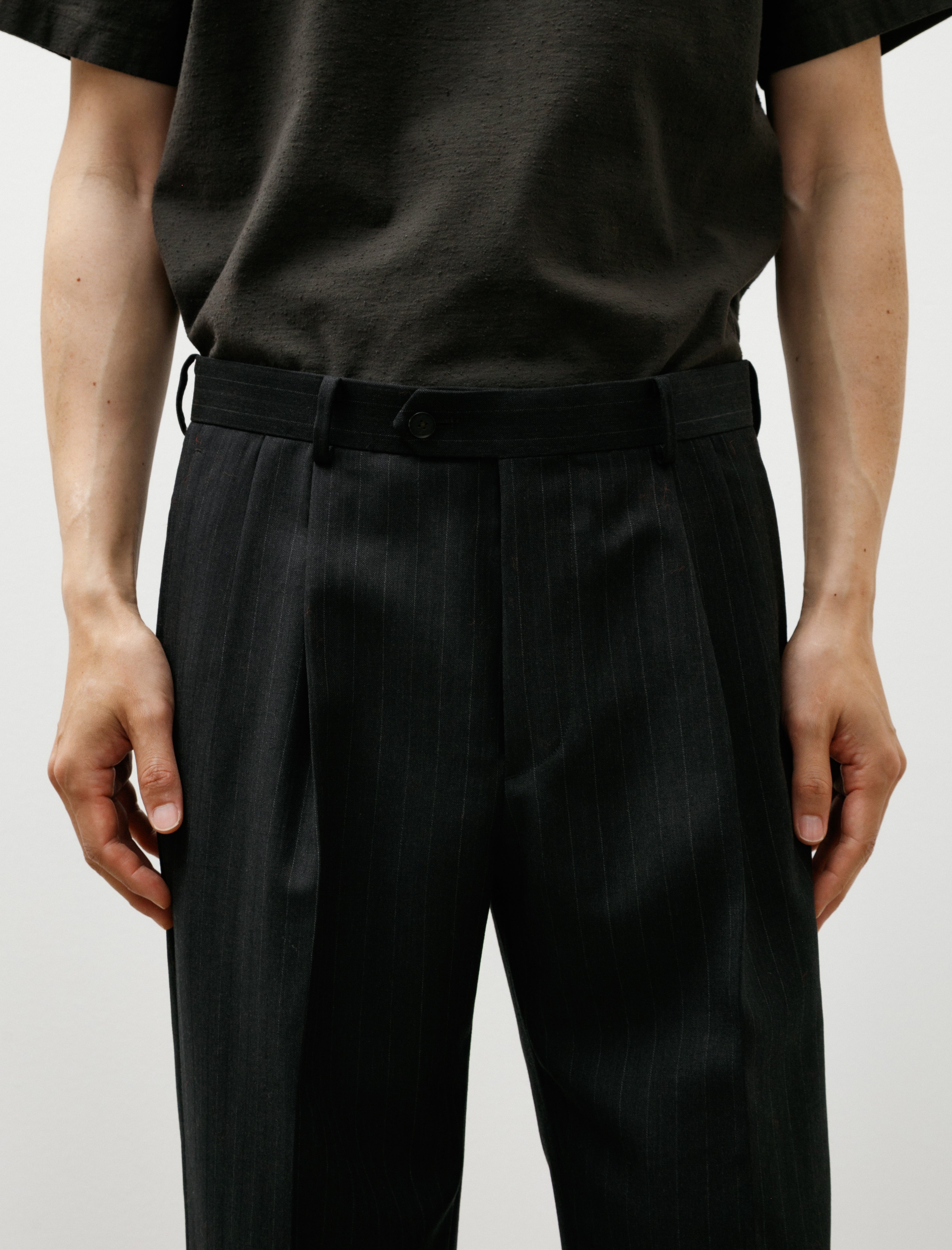 Auralee Bluefaced Wool Two-Tuck Slacks Charcoal Navy Stripe