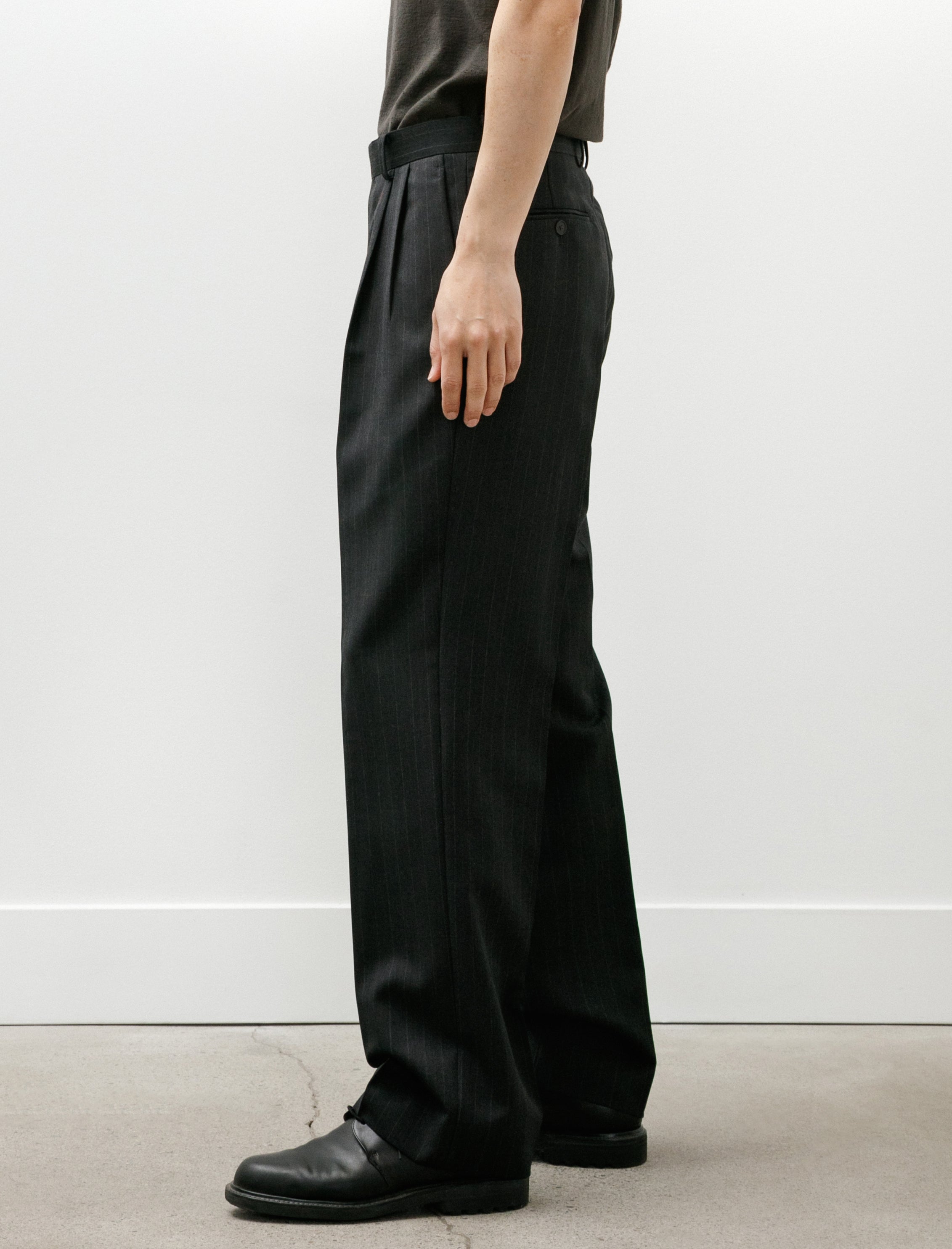Auralee Bluefaced Wool Two-Tuck Slacks Charcoal Navy Stripe