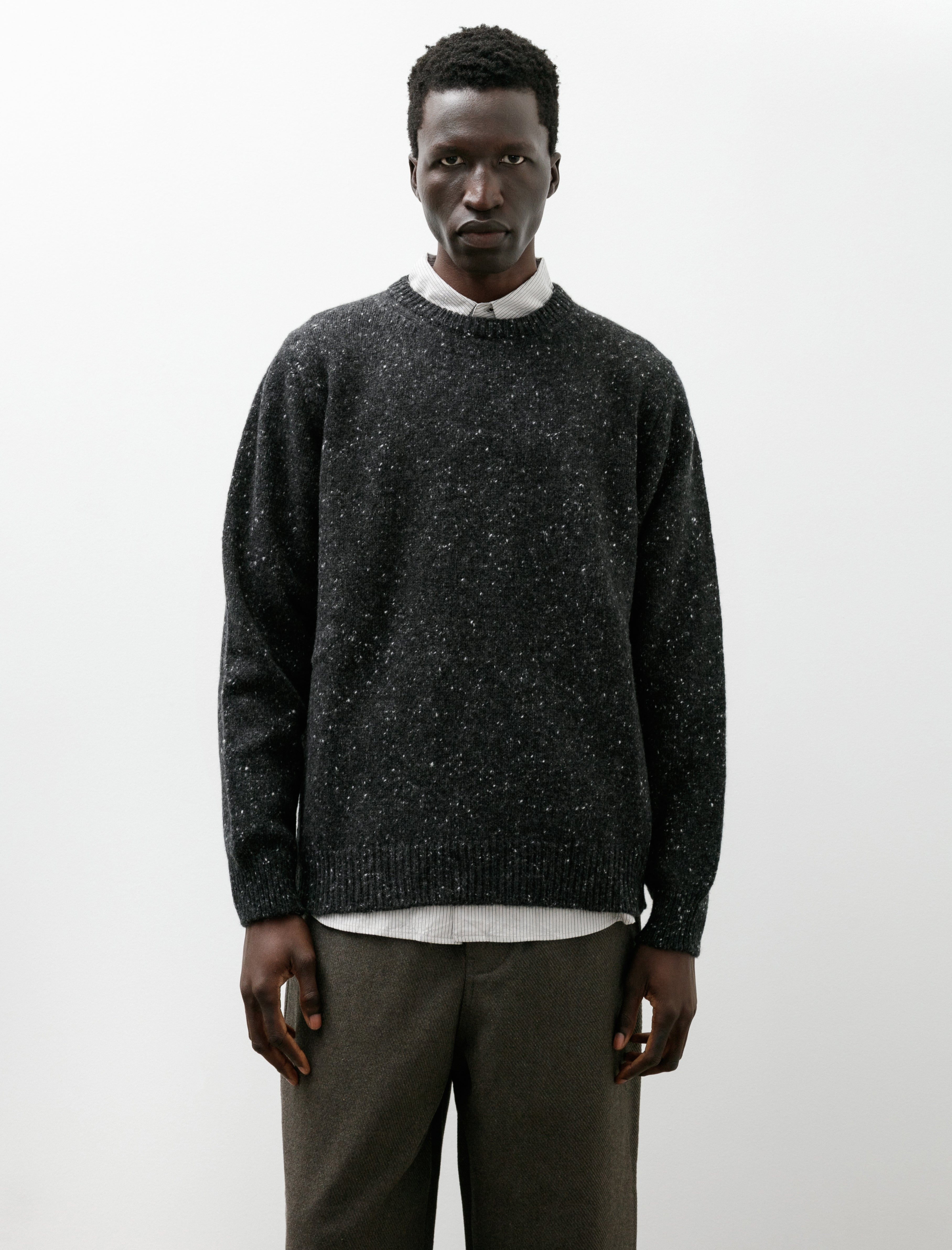 Evan Kinori Crewneck Sweater Wool Cashmere Tweed Black