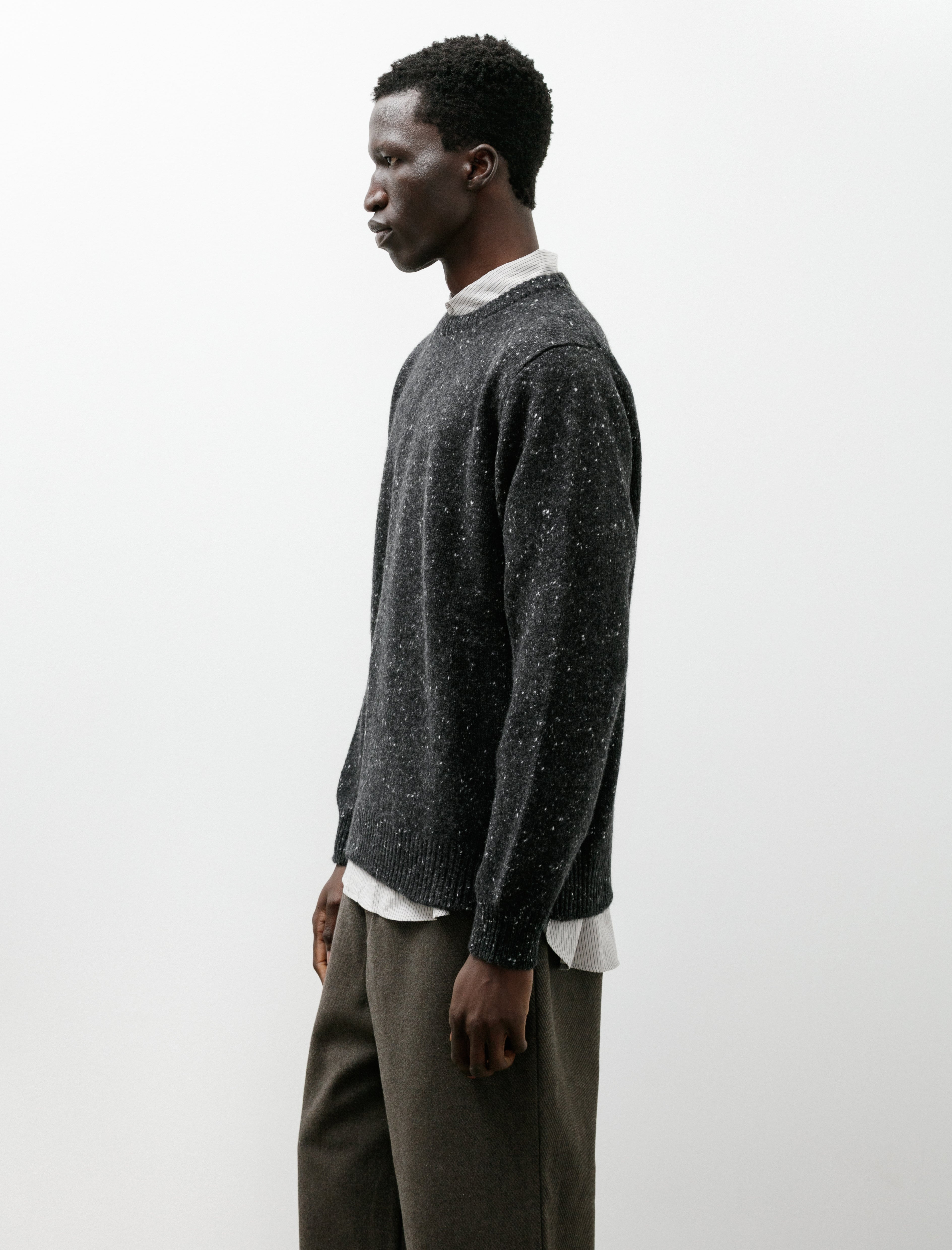 Evan Kinori Crewneck Sweater Wool Cashmere Tweed Black