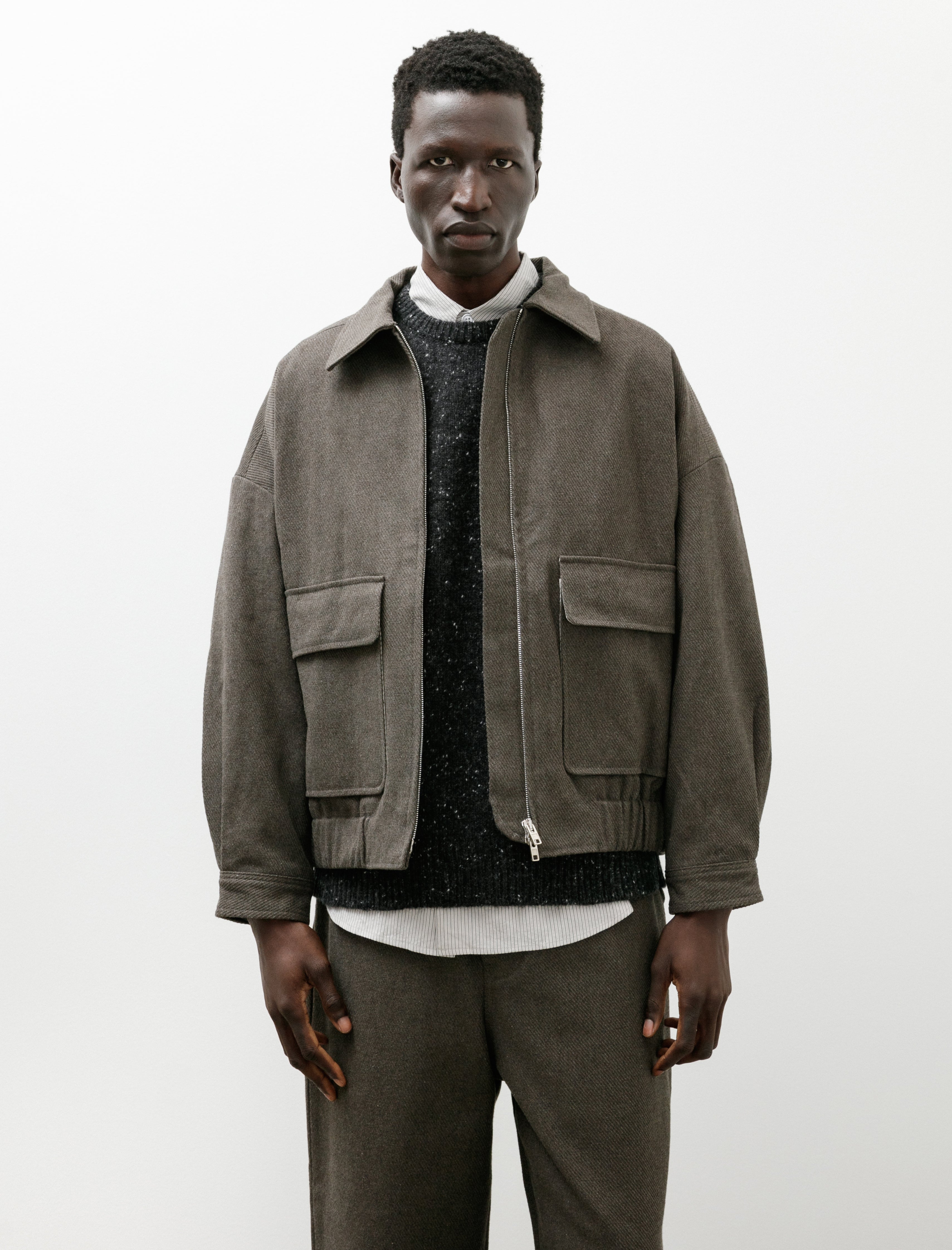 Evan Kinori Zip Jacket Two Top Dyed Cotton Kersey Olive Heather