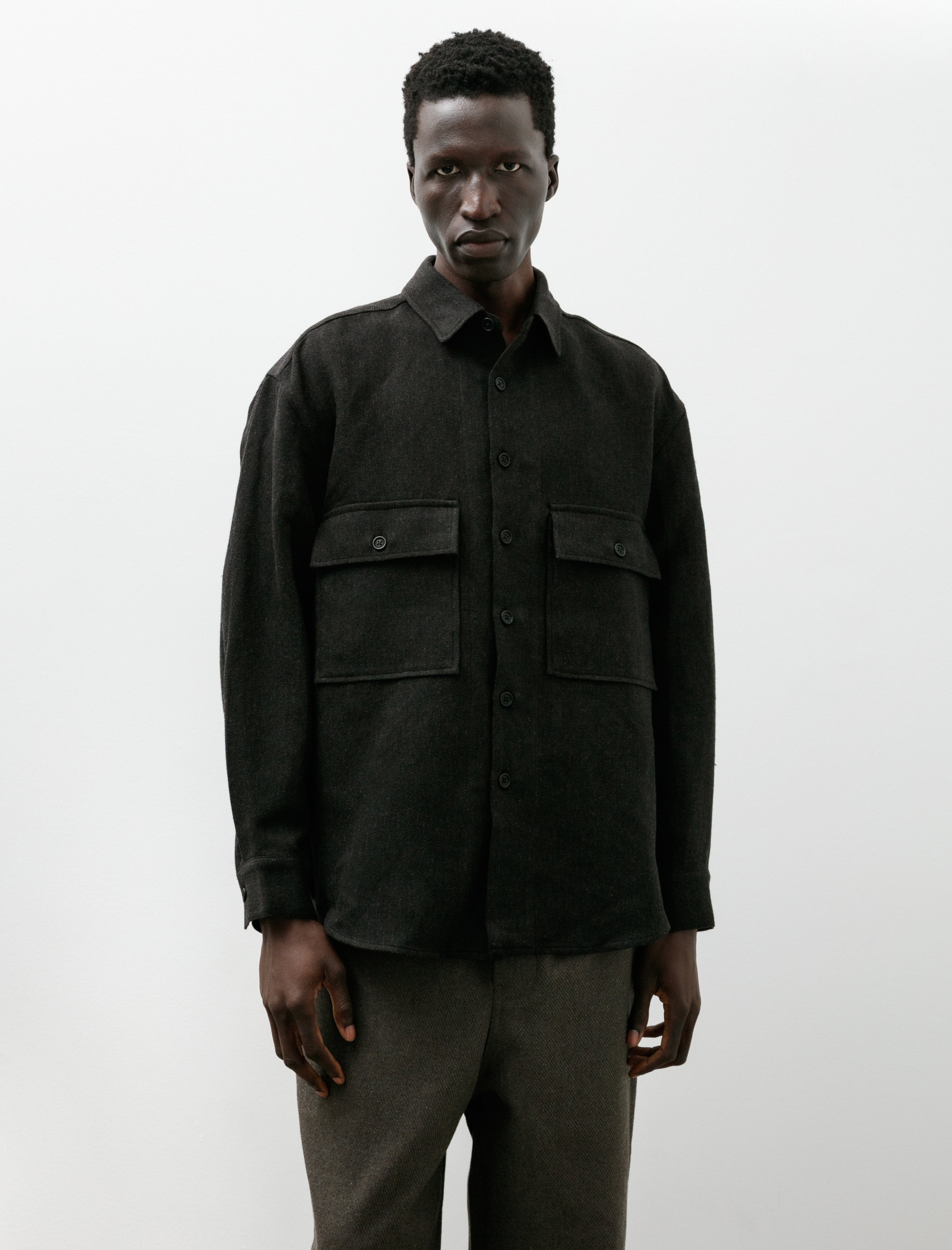 Evan Kinori Big Shirt Wool Linen Herringbone Black Brown