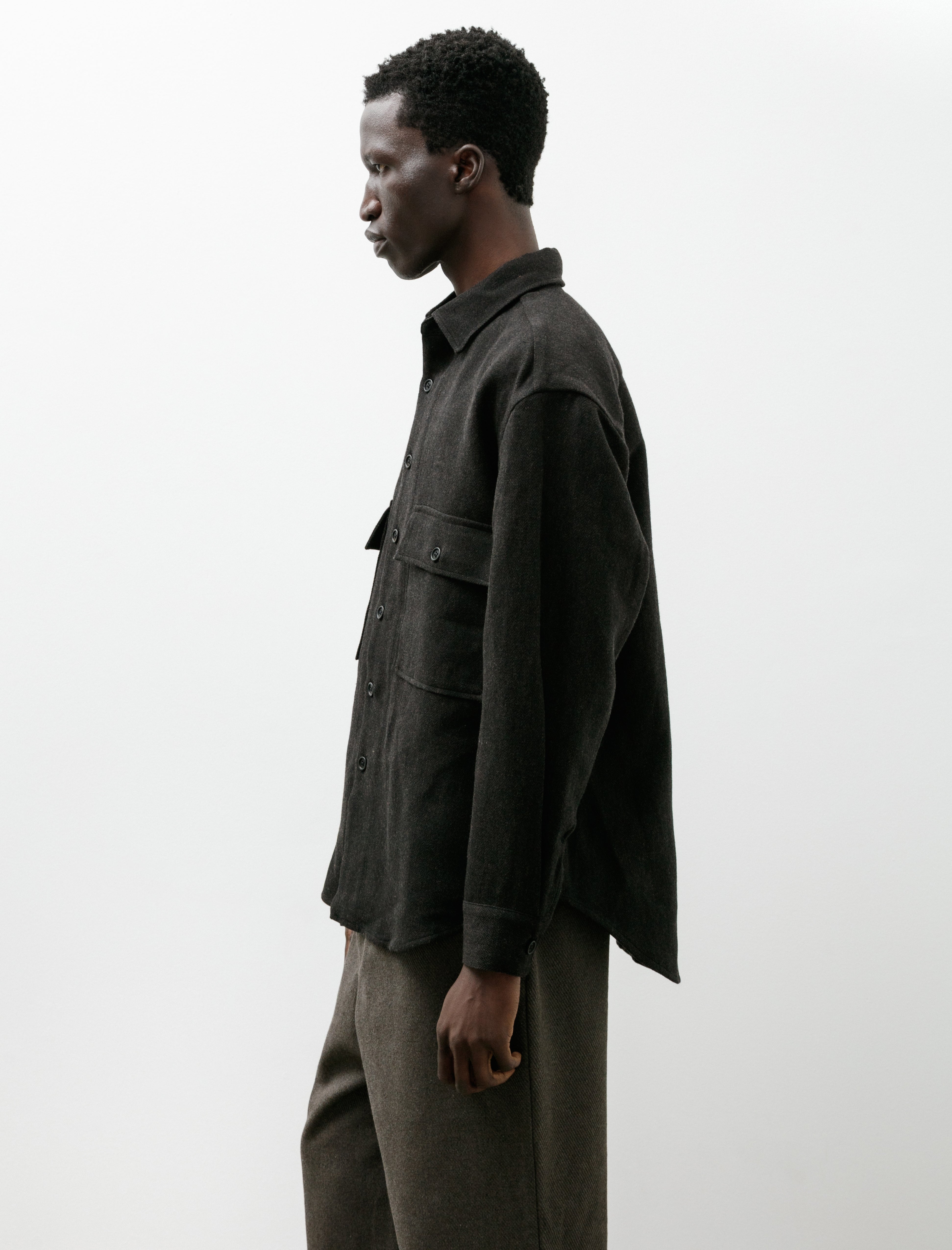 Evan Kinori Big Shirt Wool Linen Herringbone Black Brown