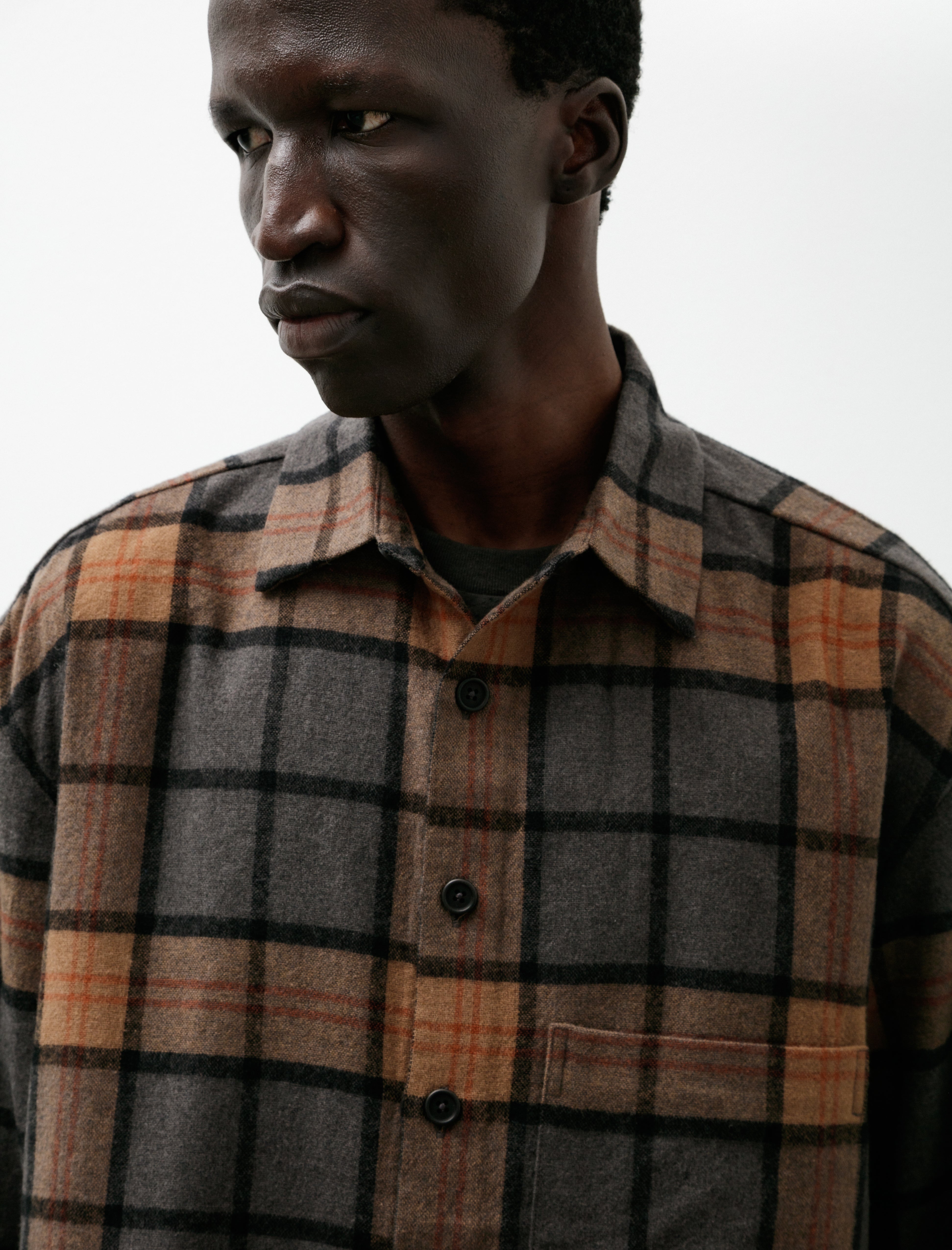Evan Kinori Big Shirt Two Wool Cashmere Check Black Grey Beige