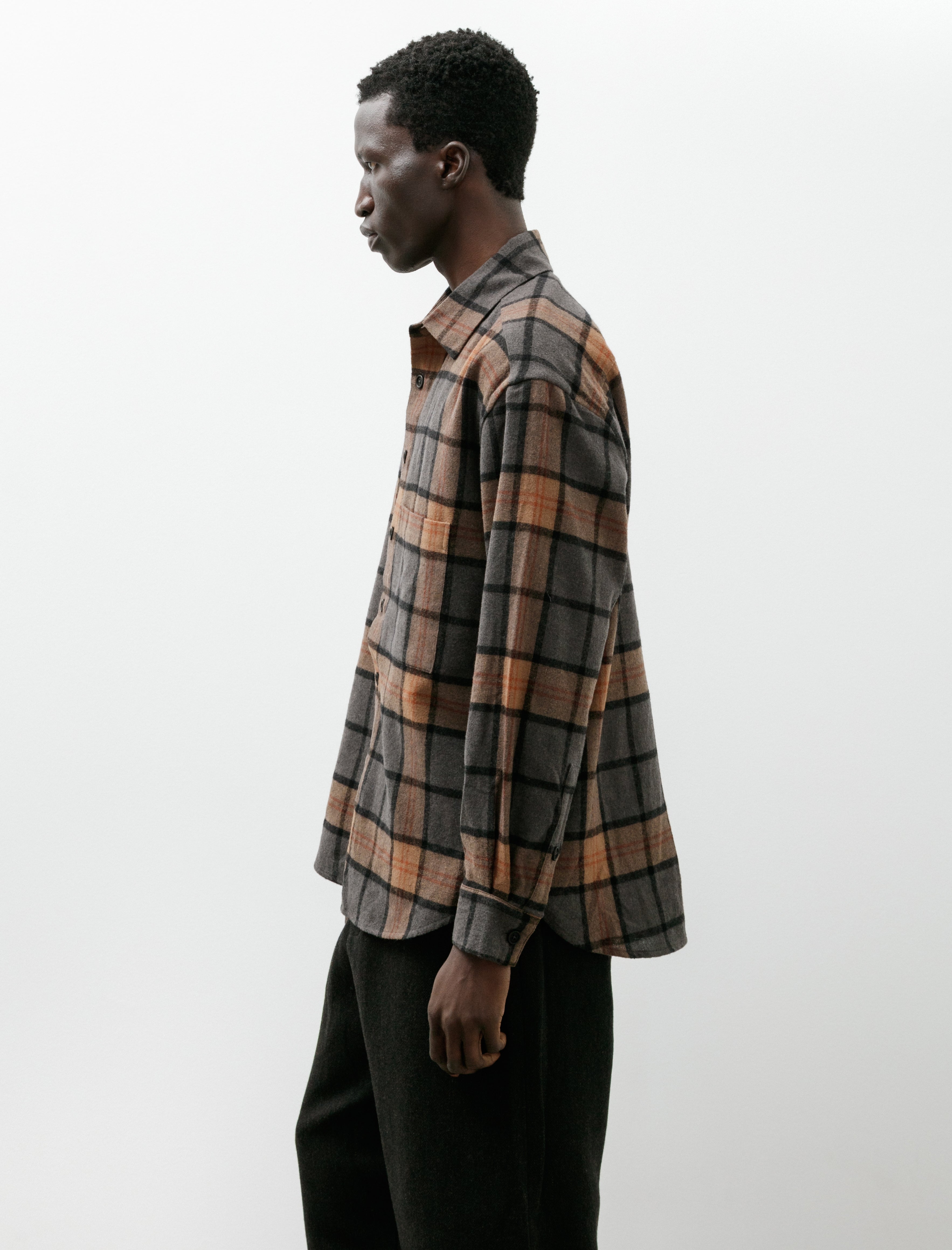Evan Kinori Big Shirt Two Wool Cashmere Check Black Grey Beige