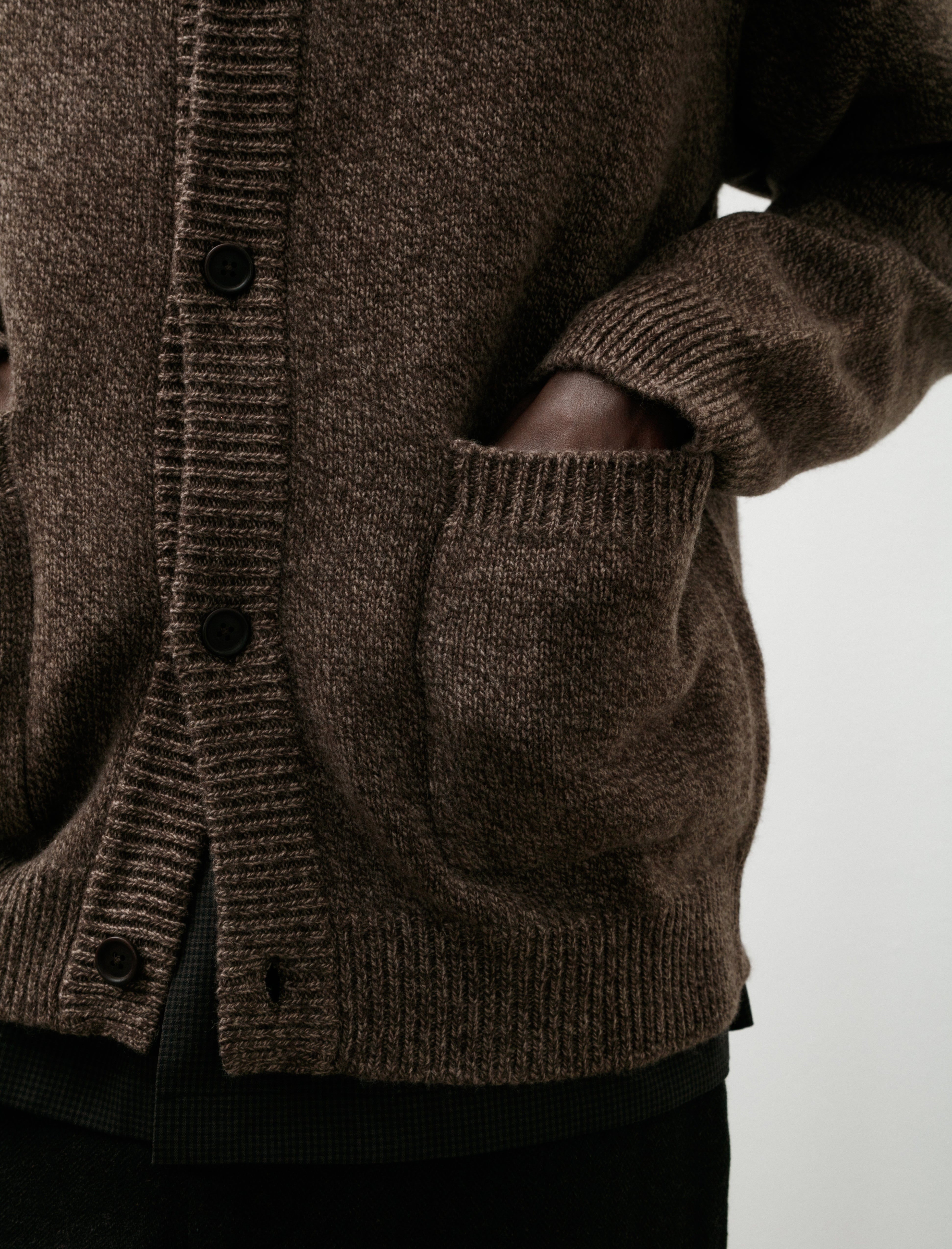 Evan Kinori Crewneck Cardigan Wool Melange Brown Beige