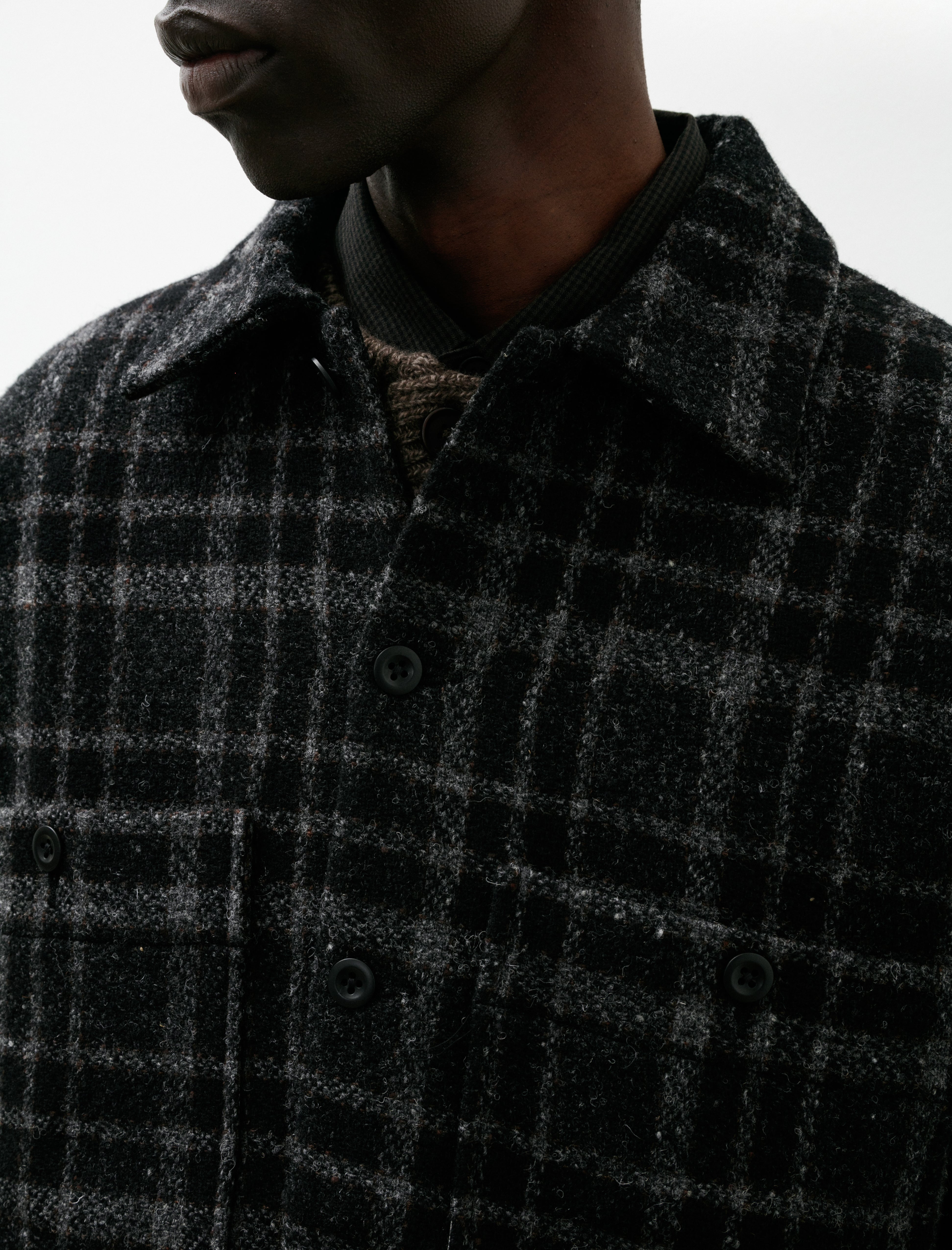 Evan Kinori Field Shirt Two Wool Tweed Check Black Grey