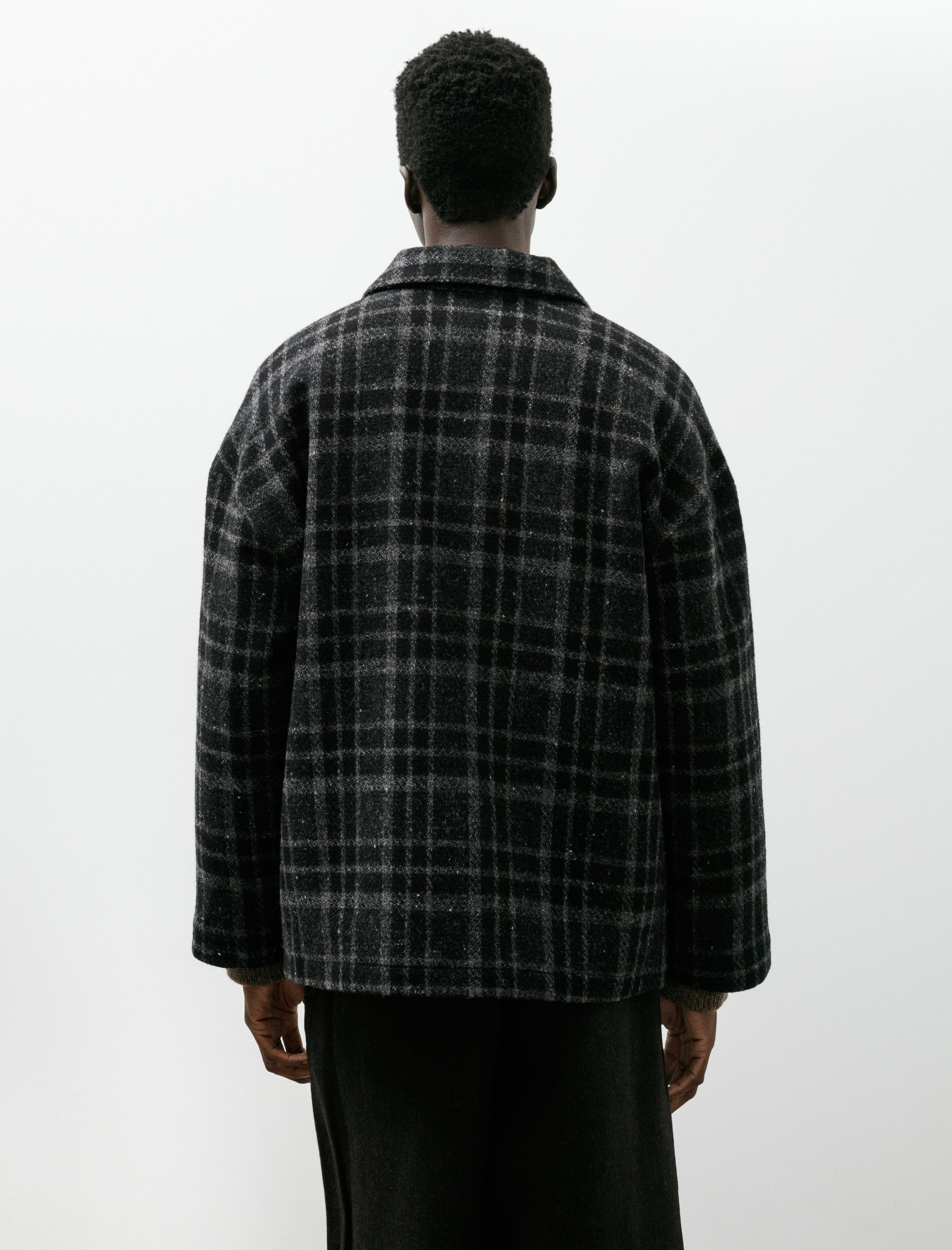 Evan Kinori Field Shirt Two Wool Tweed Check Black Grey