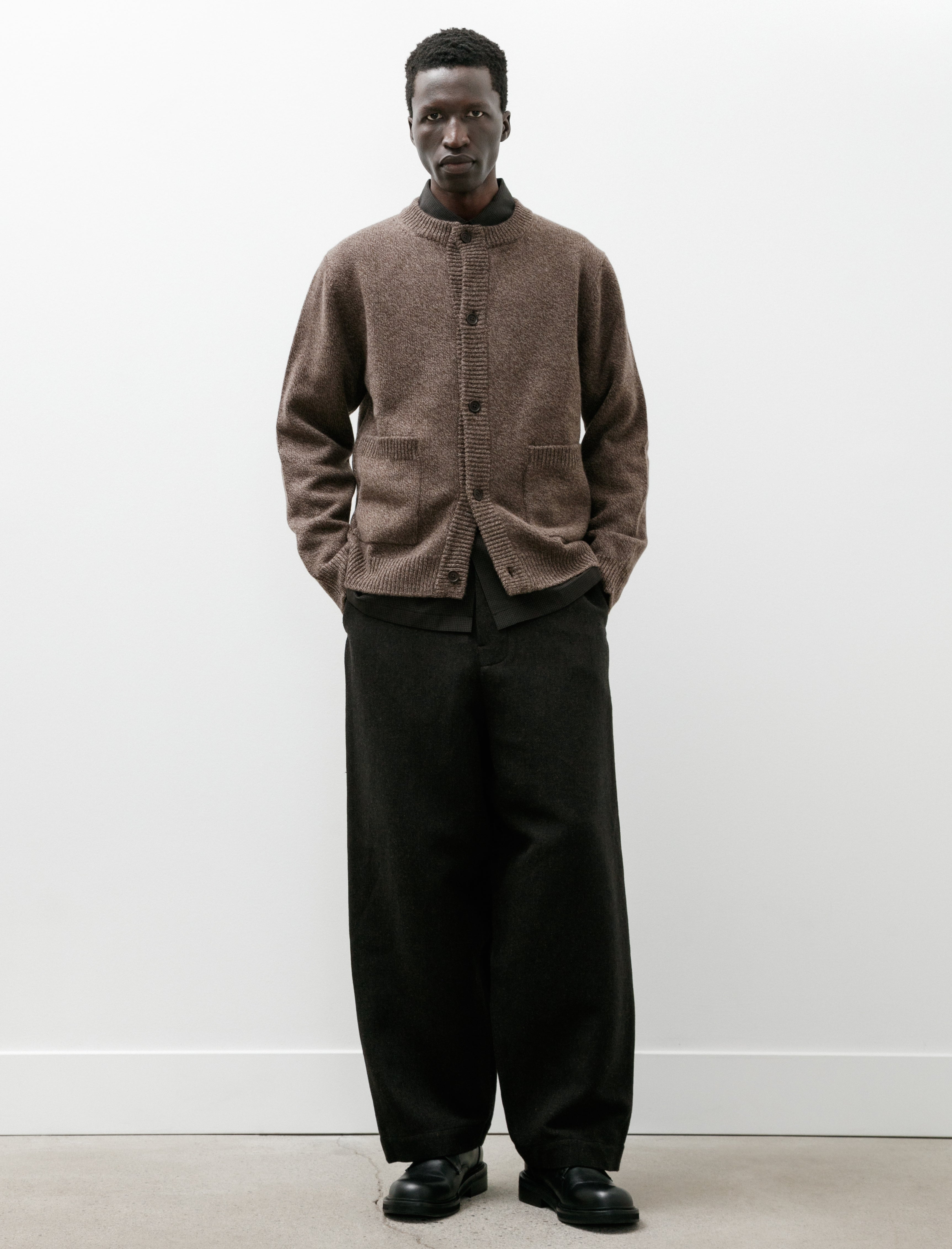 Evan Kinori Flat Front Pant Wool Linen Herringbone Black Brown