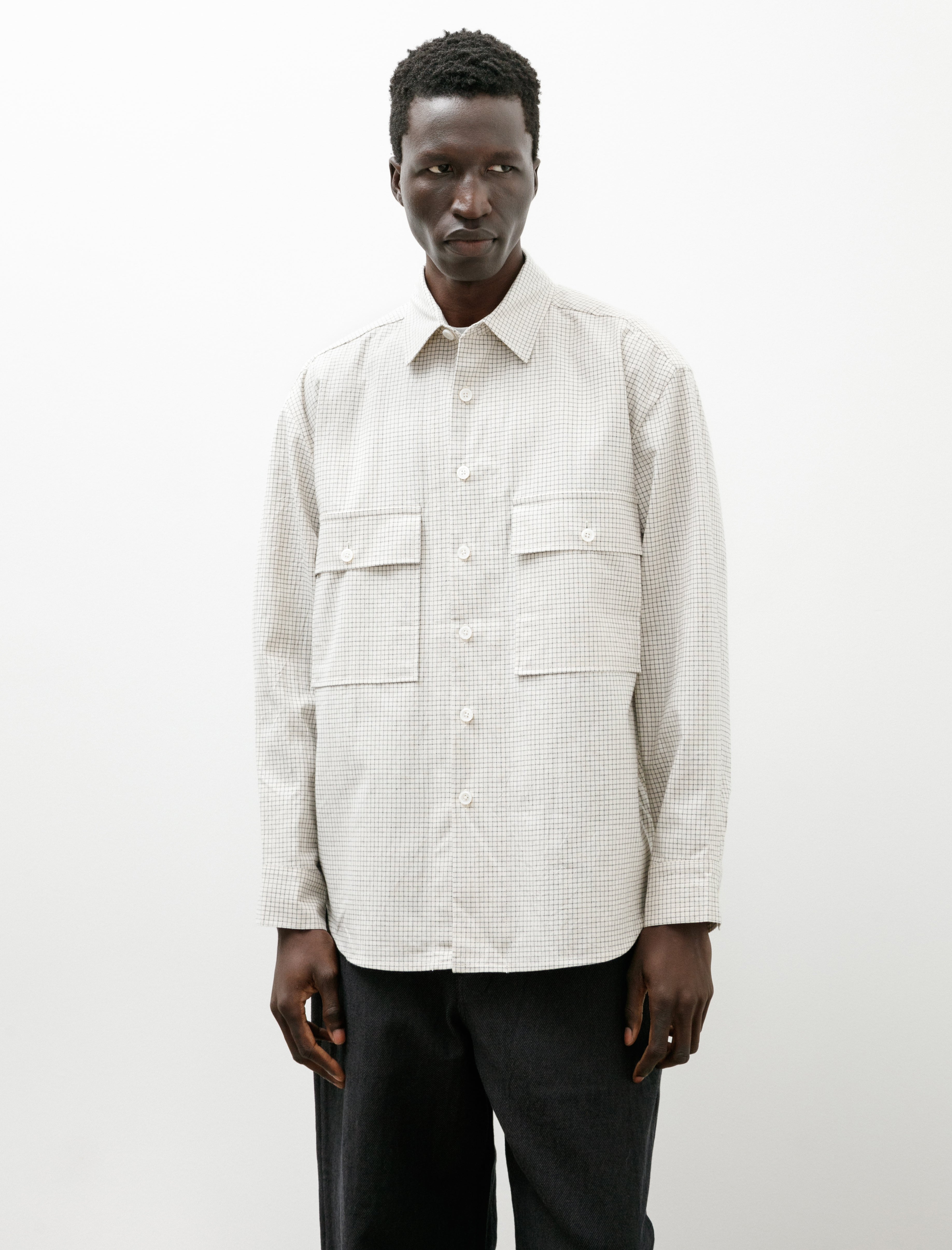 Evan Kinori Big Shirt Cotton Gridcloth Natural Black