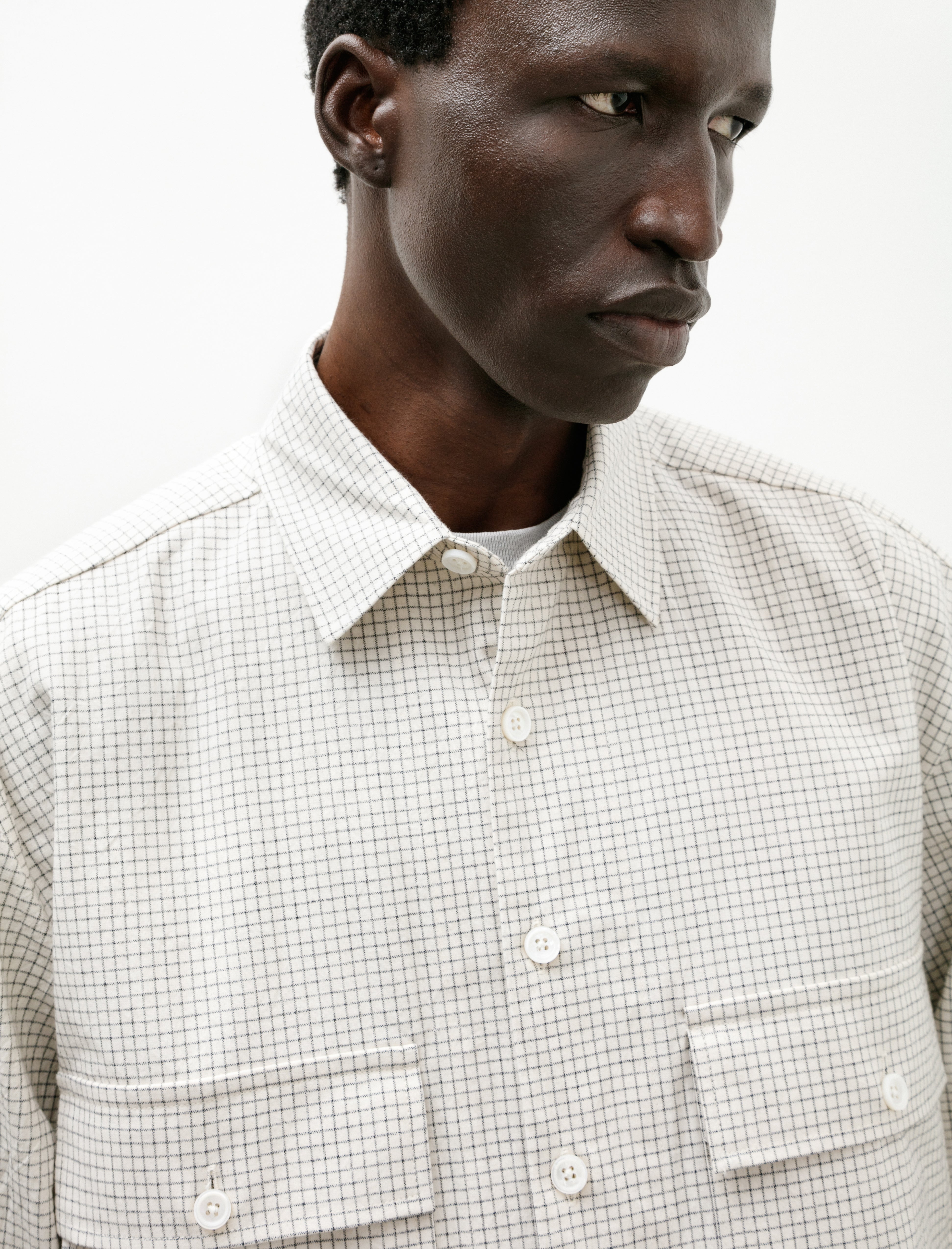 Evan Kinori Big Shirt Cotton Gridcloth Natural Black