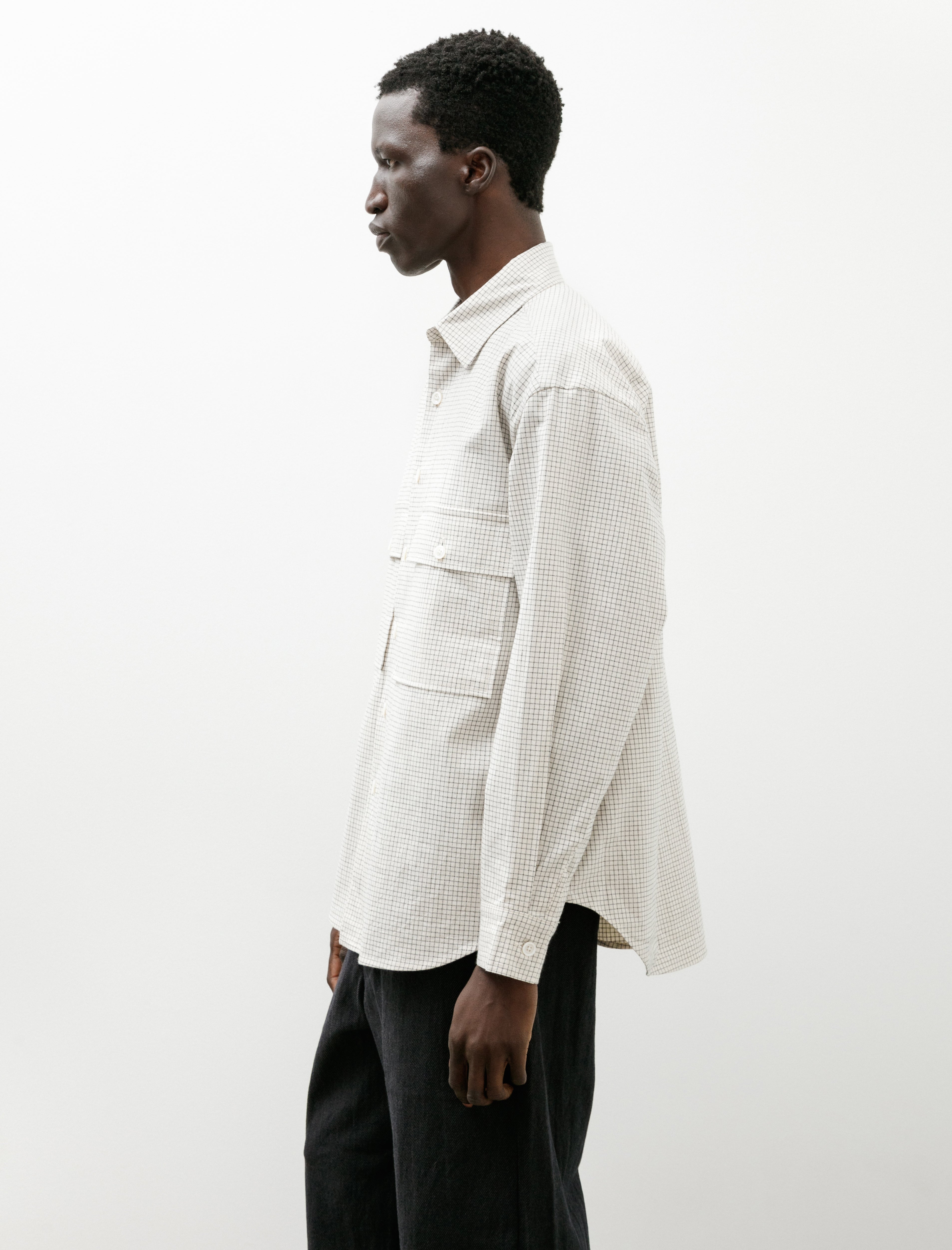 Evan Kinori Big Shirt Cotton Gridcloth Natural Black