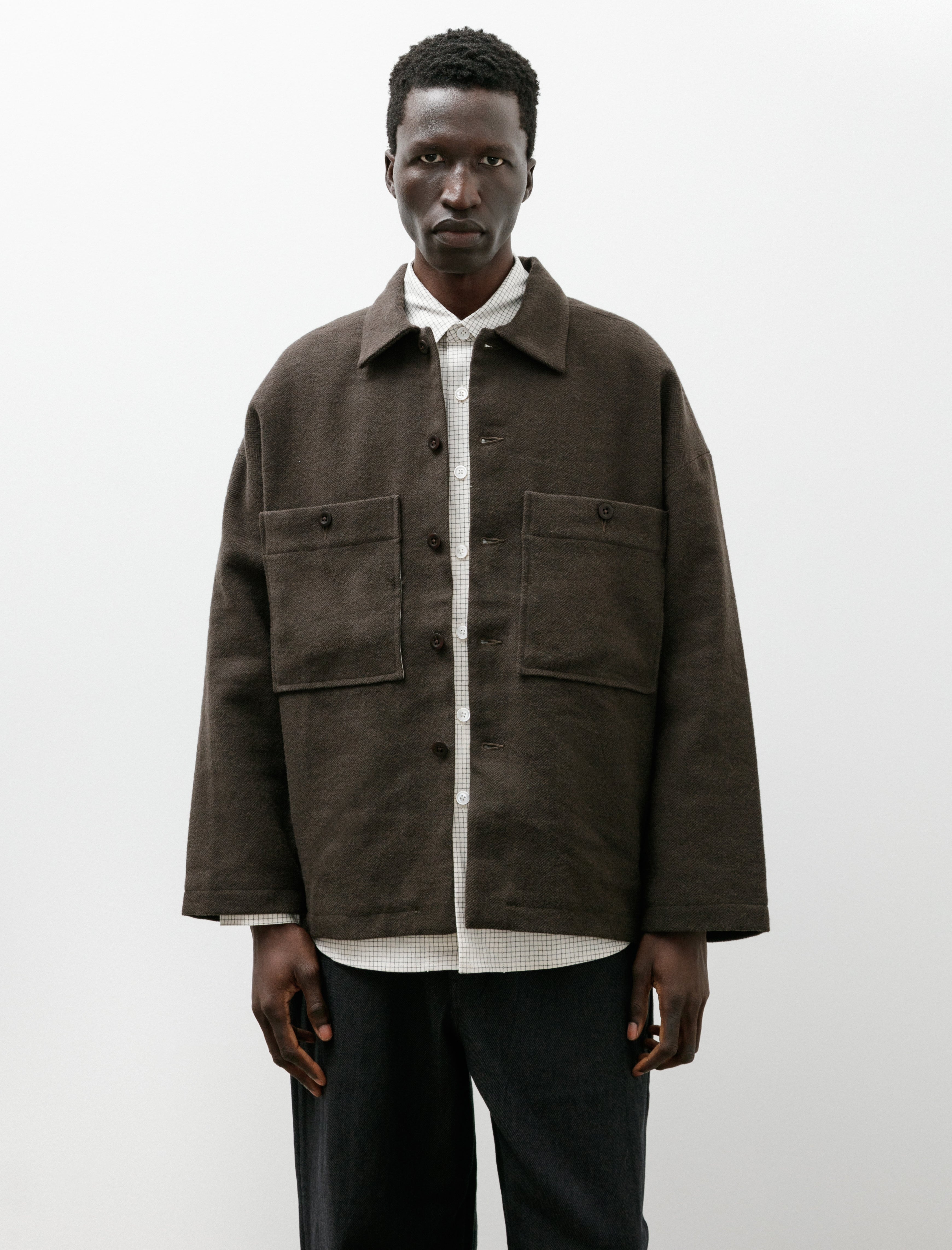 Evan Kinori Field Shirt Two Heavy Wool Linen Herringbone Dark Olive