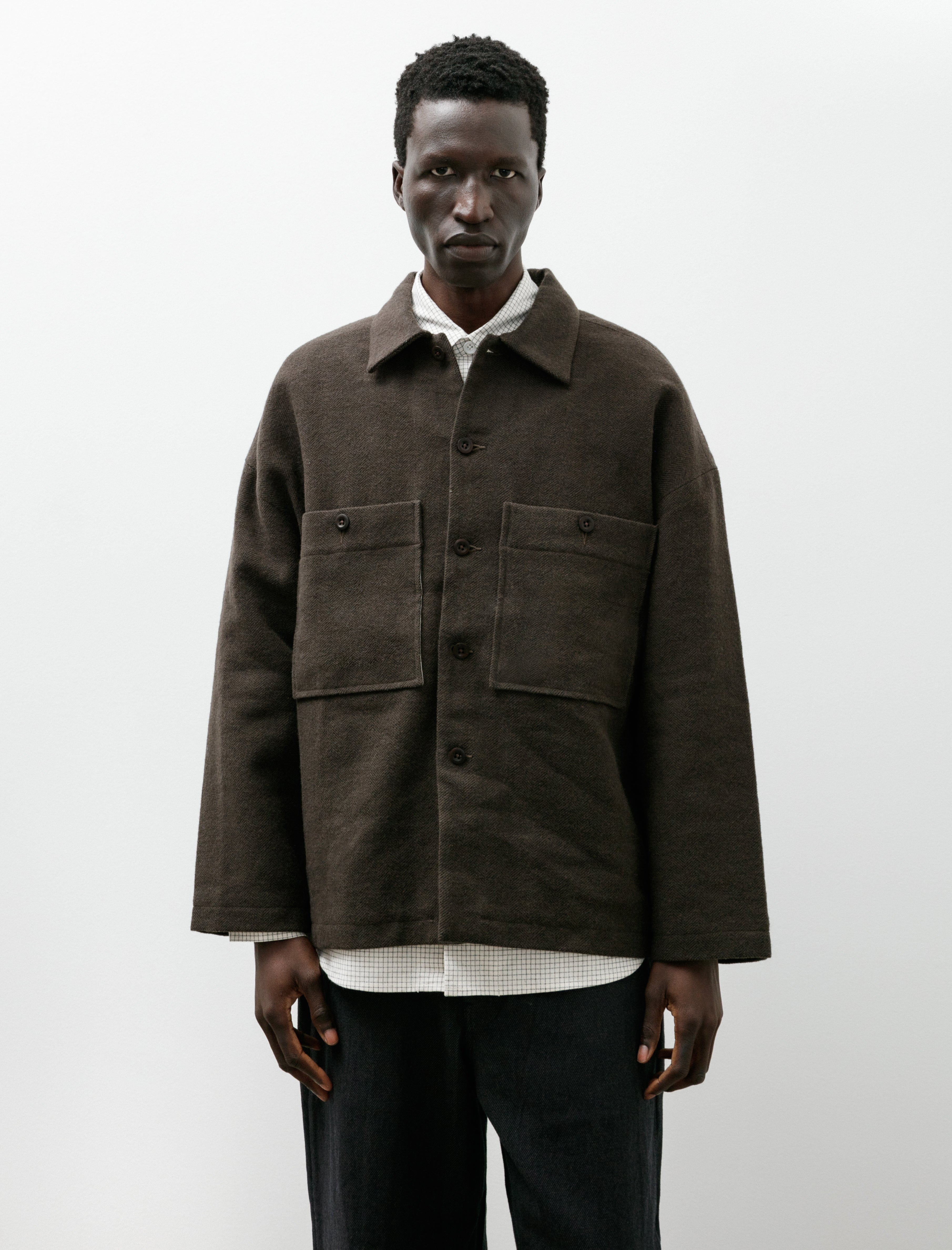 Evan Kinori Field Shirt Two Heavy Wool Linen Herringbone Dark Olive