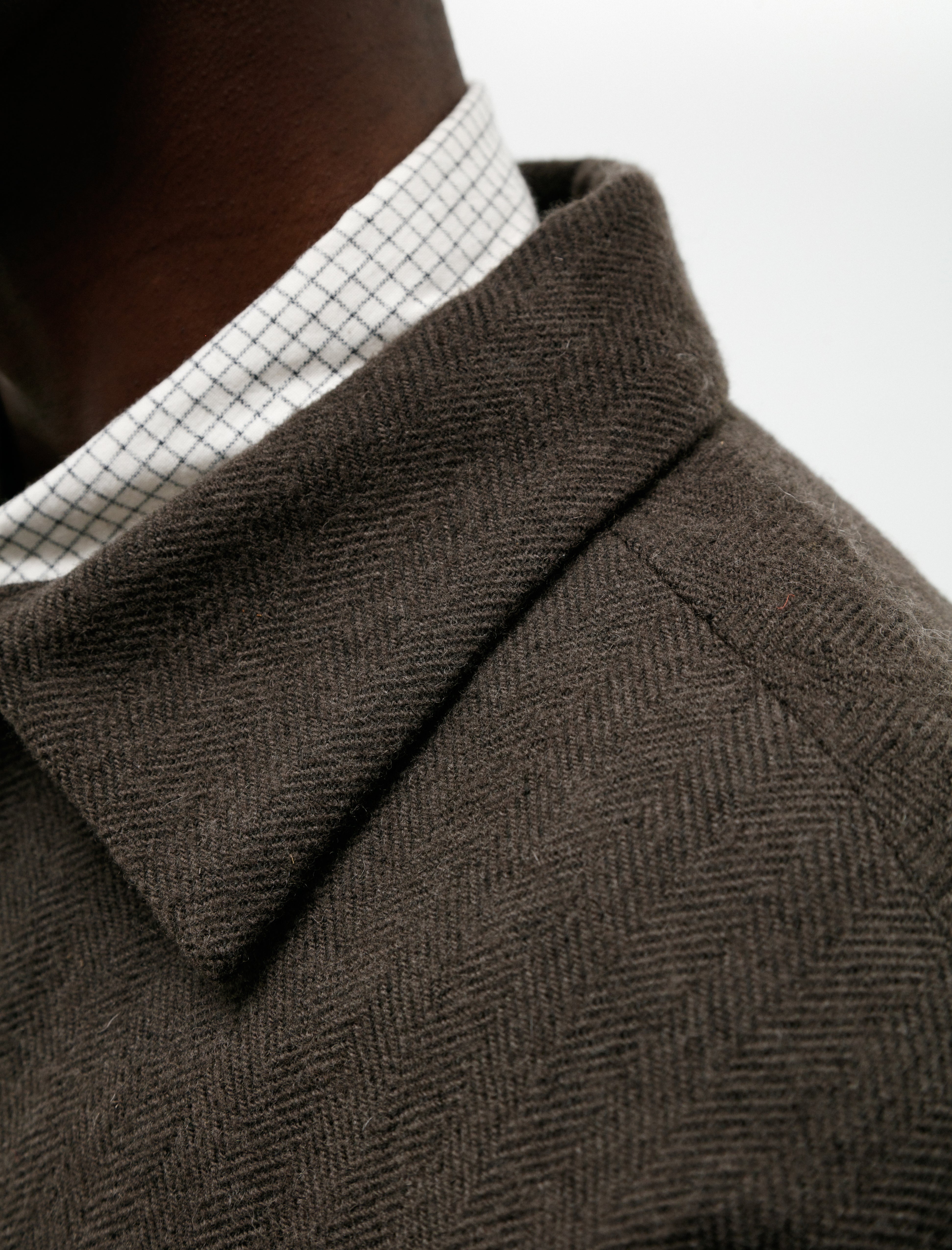 Evan Kinori Field Shirt Two Heavy Wool Linen Herringbone Dark Olive