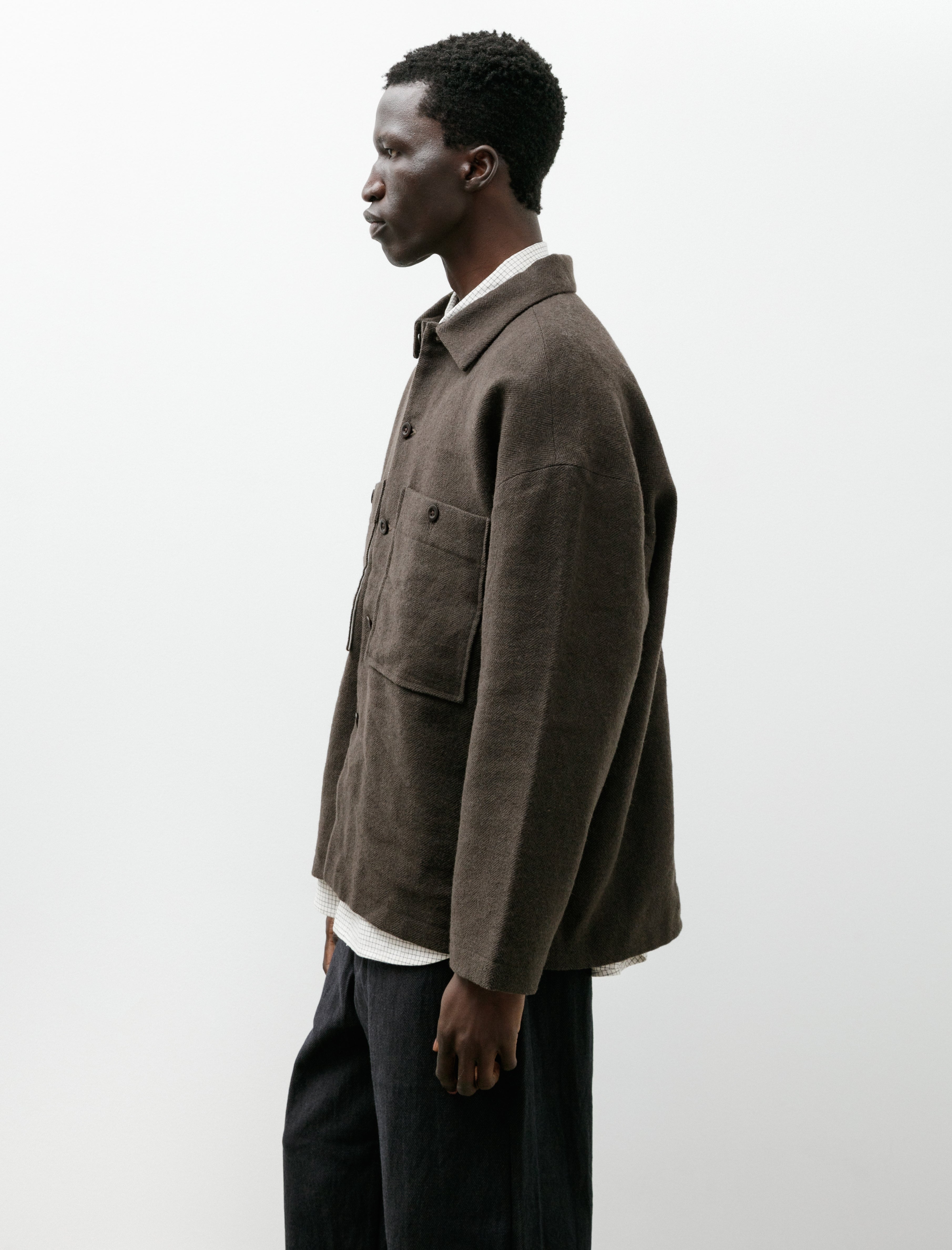 Evan Kinori Field Shirt Two Heavy Wool Linen Herringbone Dark Olive