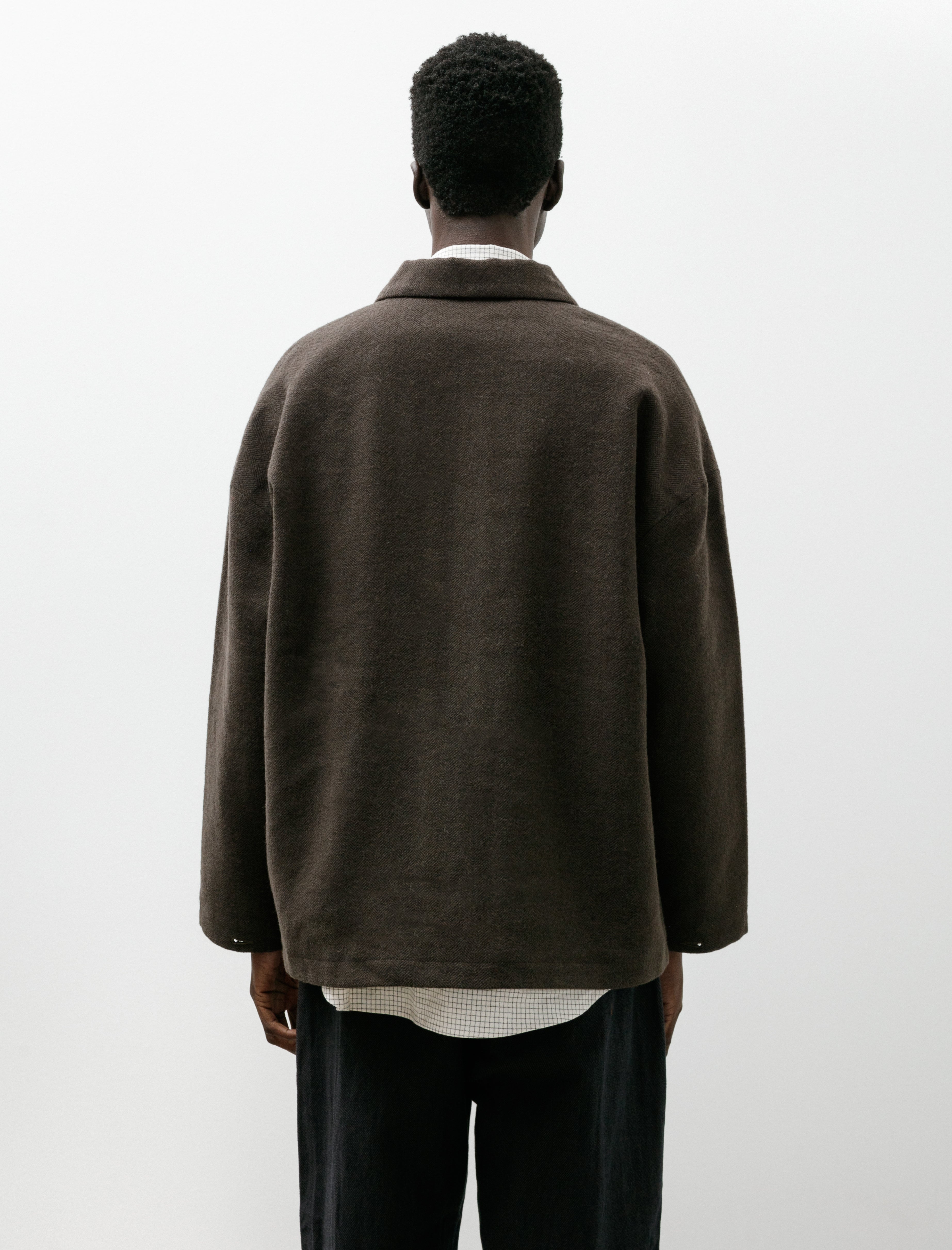 Evan Kinori Field Shirt Two Heavy Wool Linen Herringbone Dark Olive