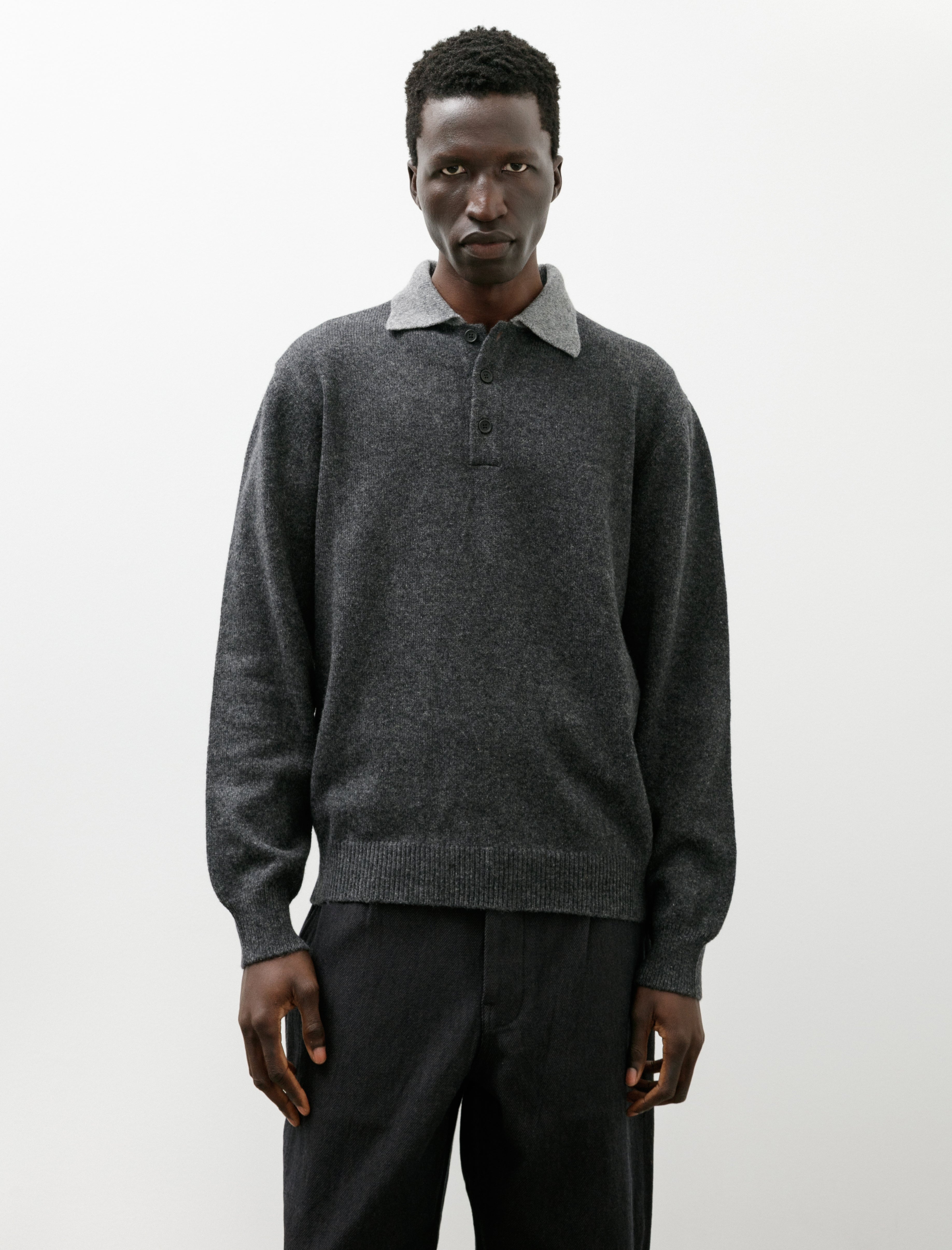 Evan Kinori Knit Polo Yak Wool Charcoal Light Grey