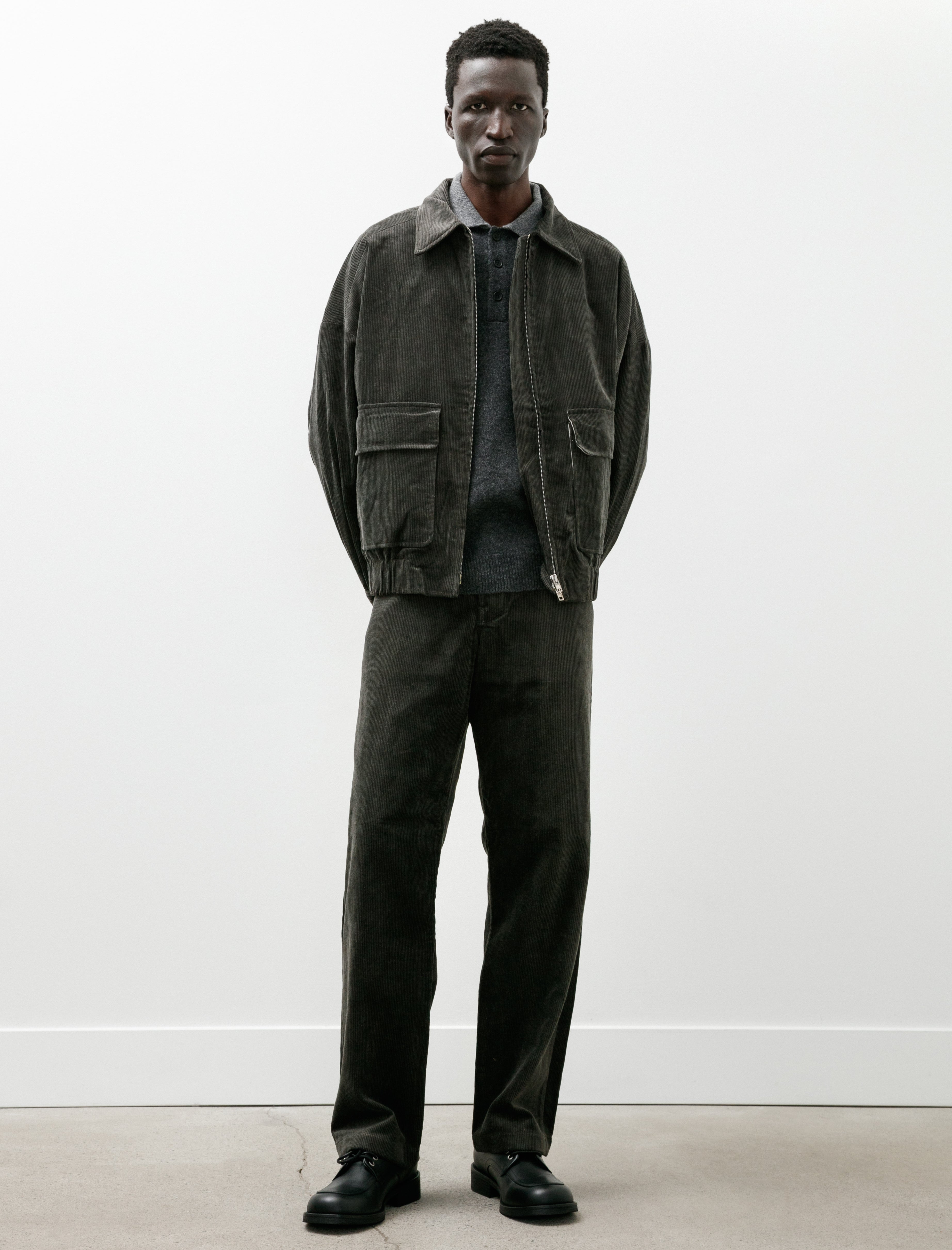 Evan Kinori Zip Jacket Two Carbon Dyed Corduroy Charcoal