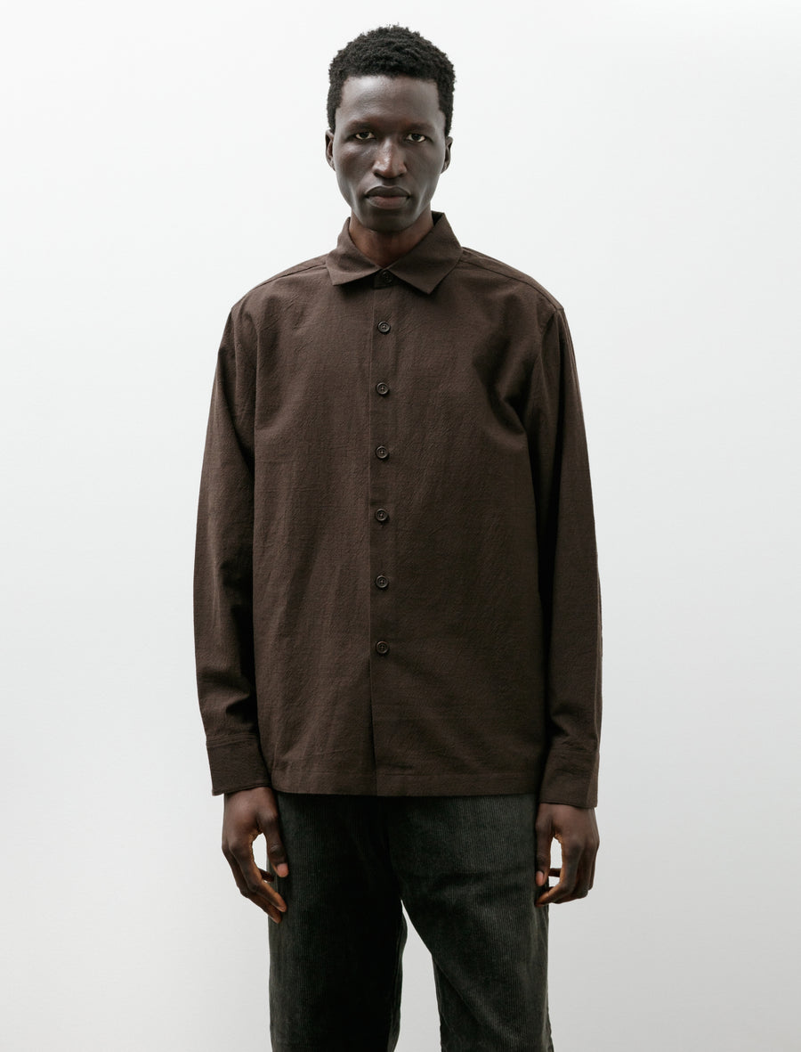Flat Hem Shirt Yarn Dyed Cotton Yak Brown Black - Image 1