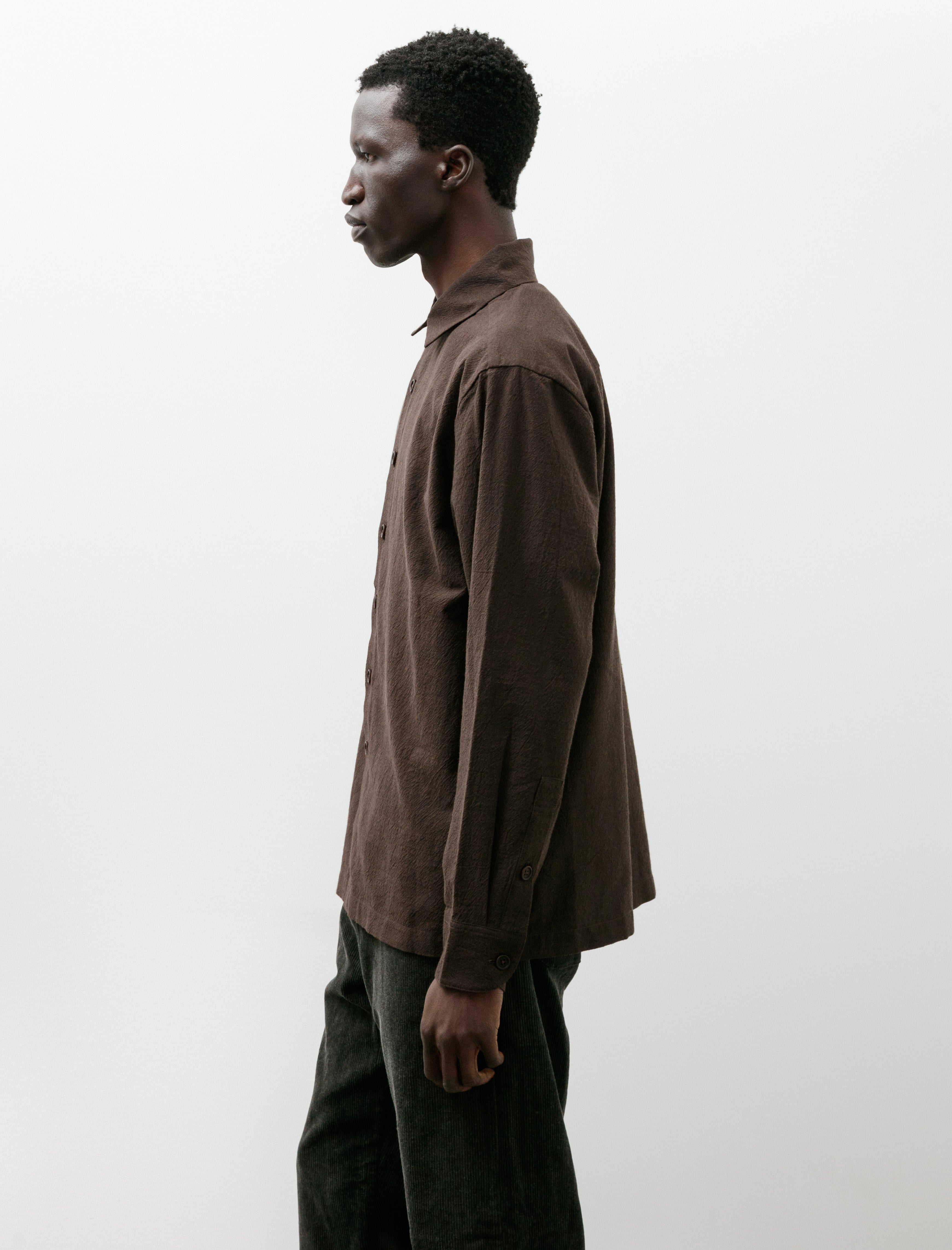 Evan Kinori Flat Hem Shirt Yarn Dyed Cotton Yak Brown Black