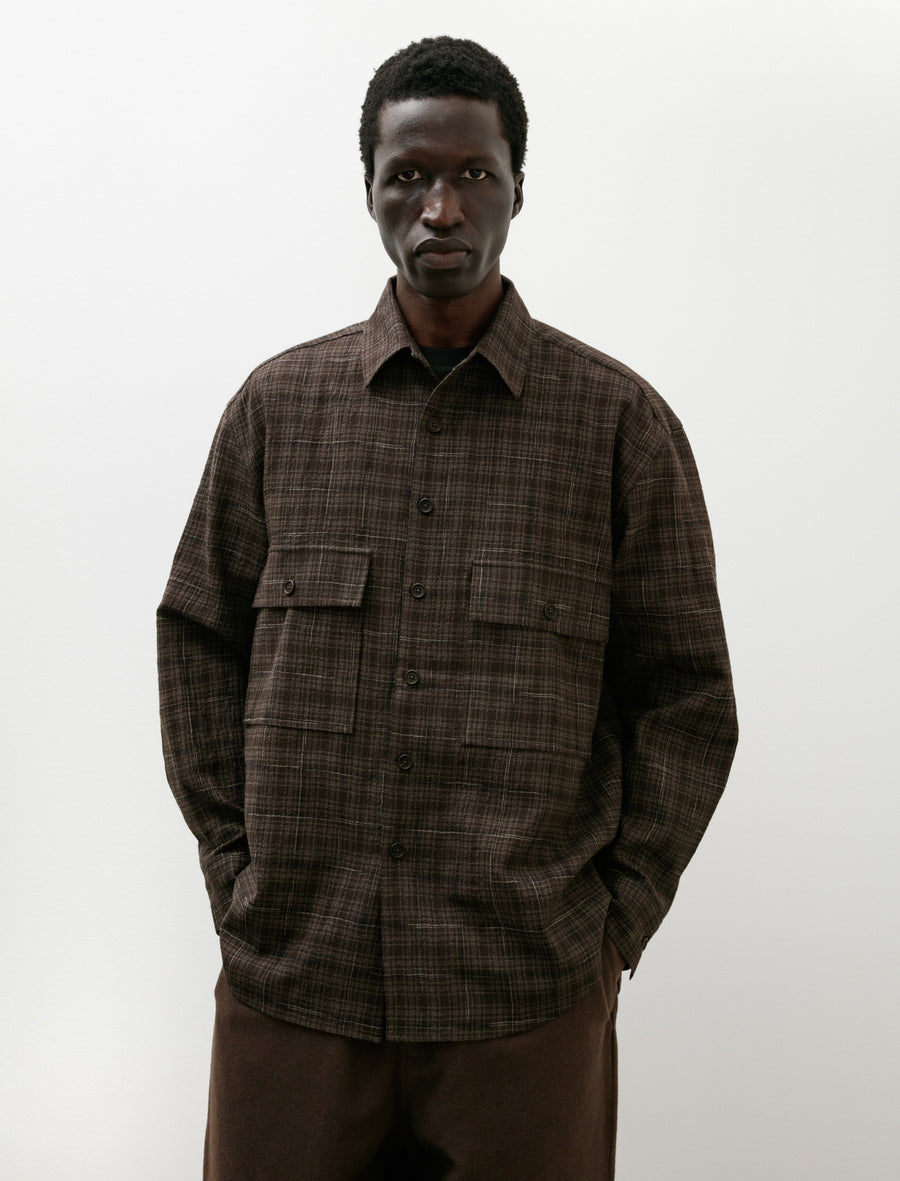Big Shirt Kasuri Wool Check Brown Beige Navy - Image 1