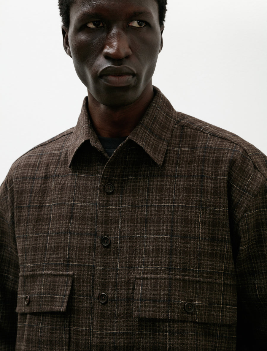 Big Shirt Kasuri Wool Check Brown Beige Navy - Image 4