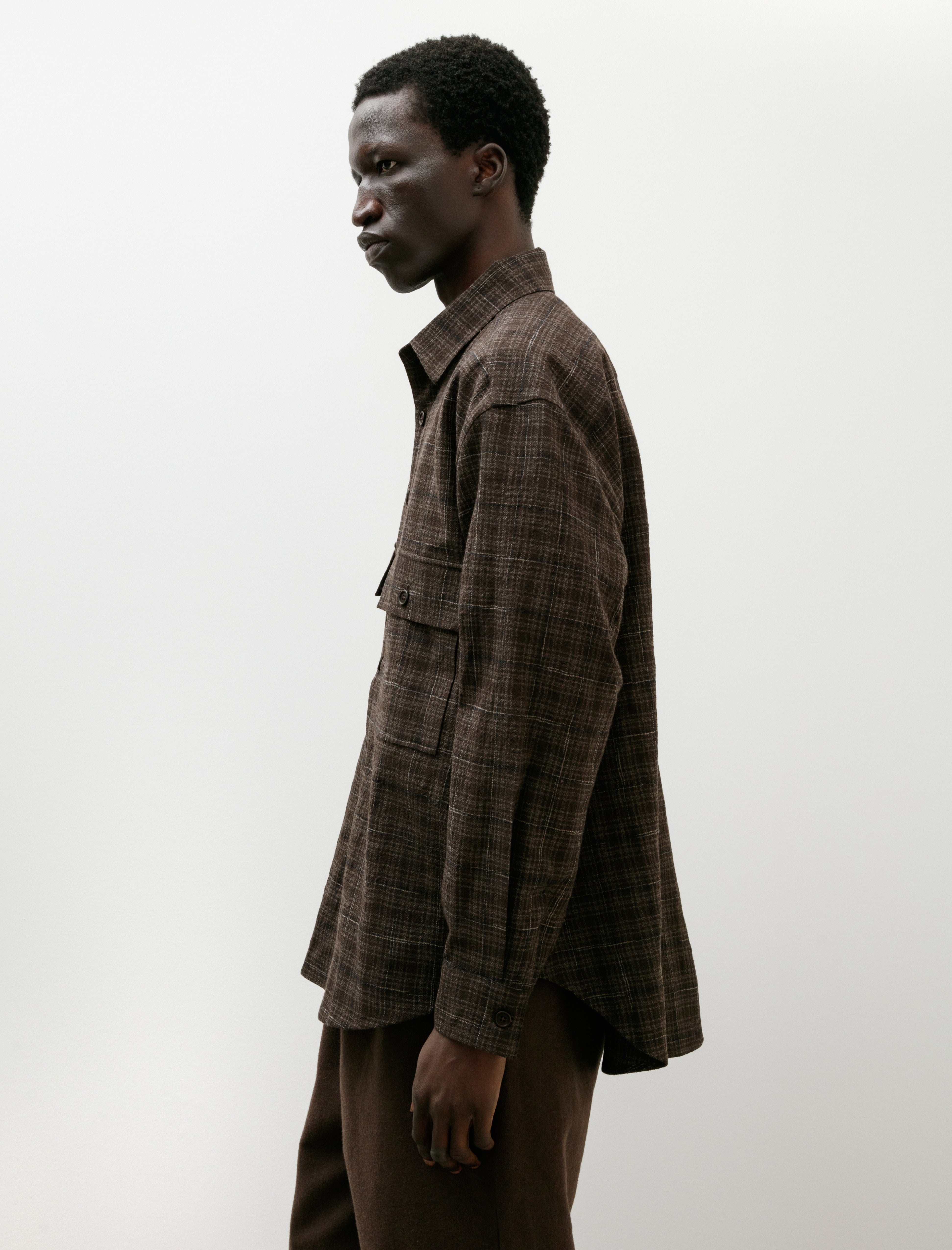 Evan Kinori Big Shirt Kasuri Wool Check Brown Beige Navy