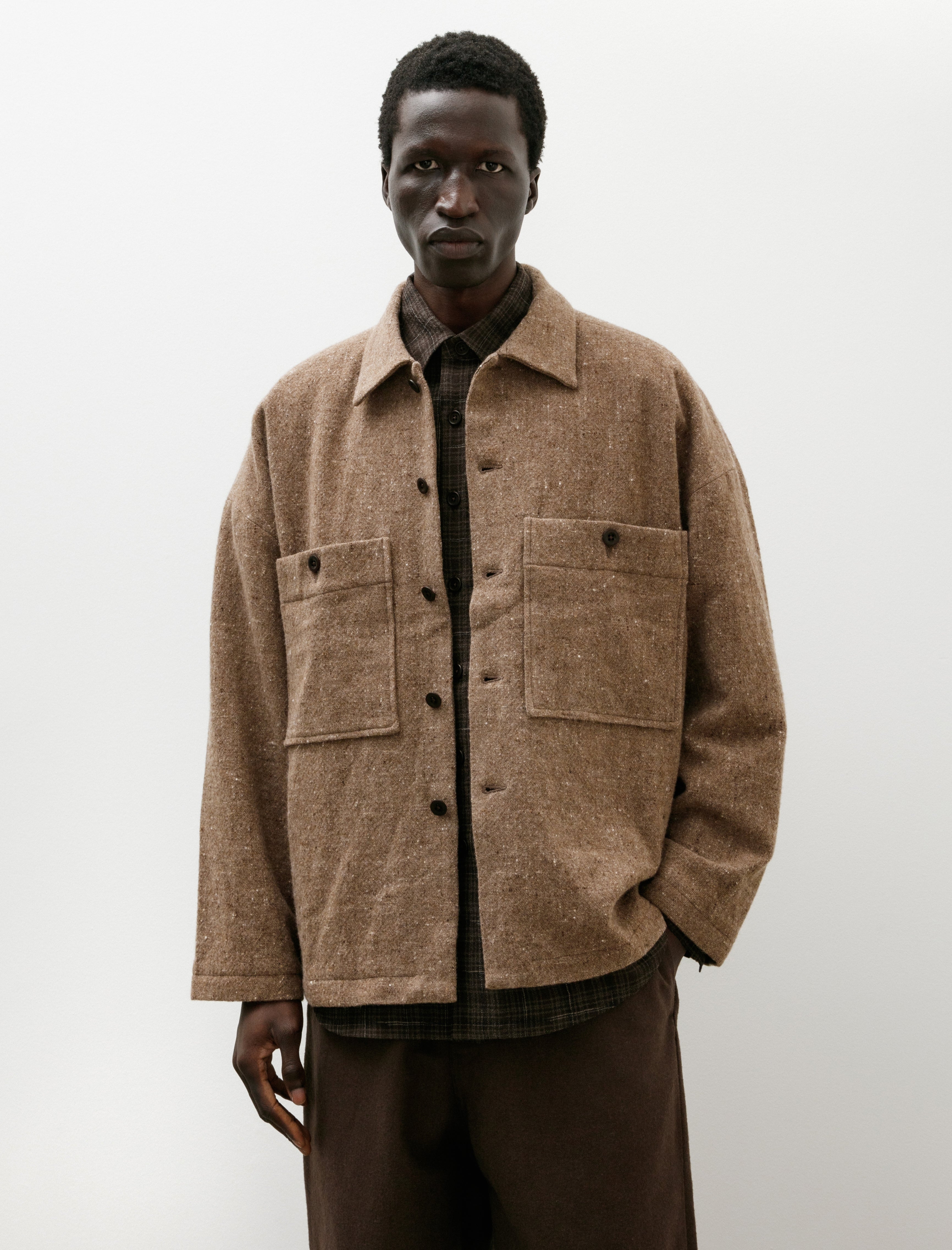 Evan Kinori Field Shirt Two Undyed Wool Tweed Dark Beige