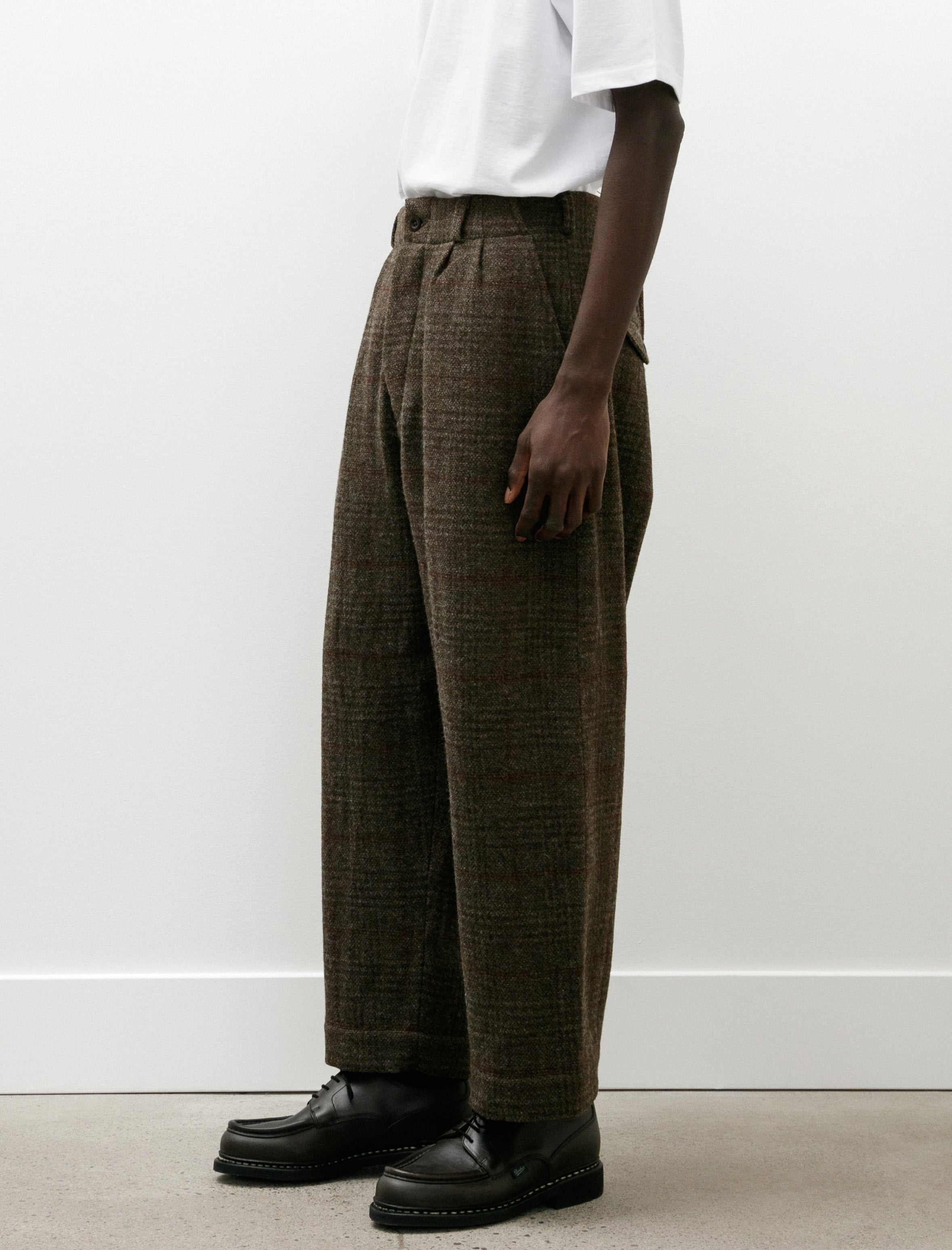 Evan Kinori Two Pleat Pant Wool Herringbone Check Dark Olive/Charcoal