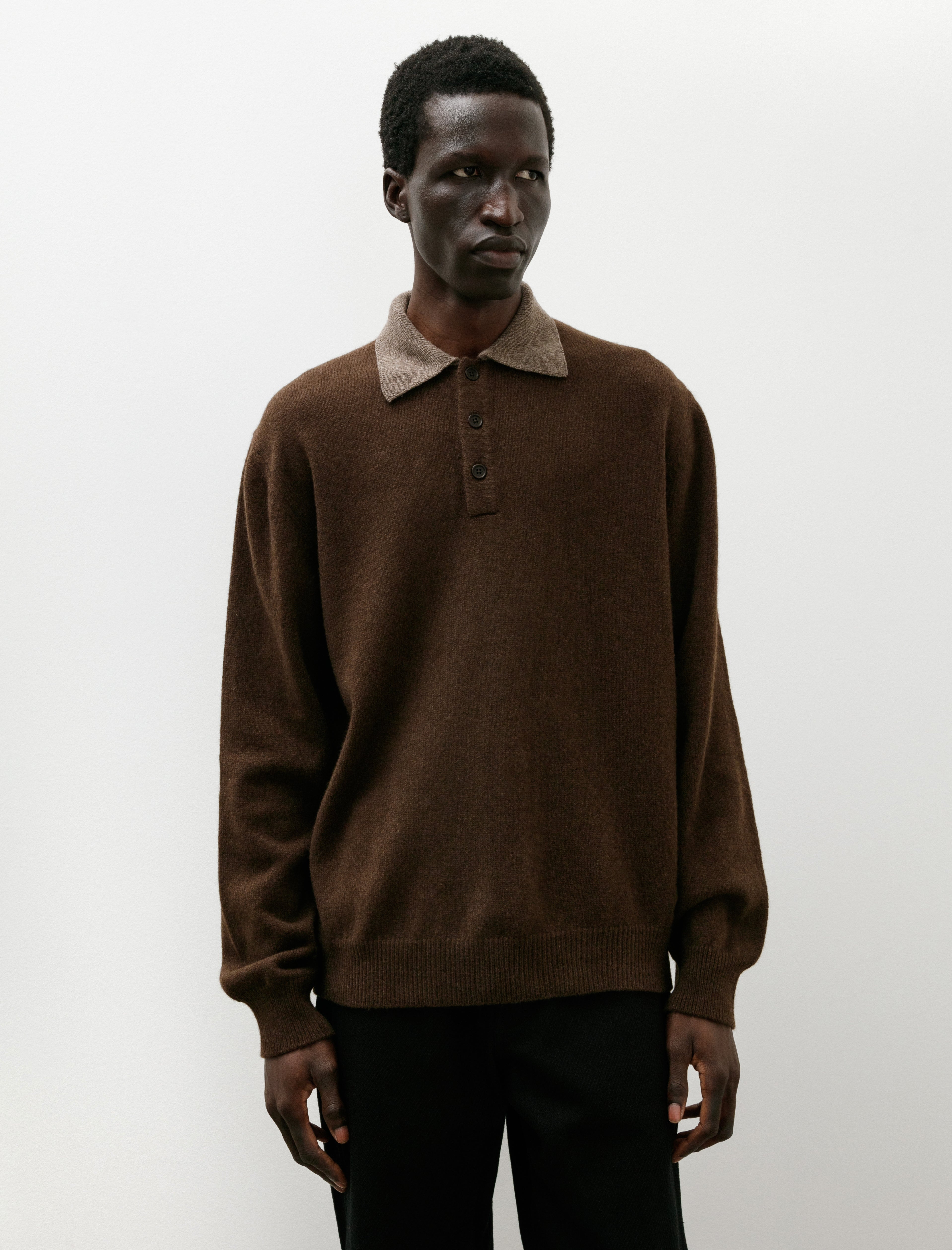 Evan Kinori Knit Polo Undyed Yak Wool Light Brown Dark Brown