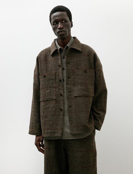 Evan Kinori Field Shirt Two Wool Herringbone Check Dark Olive