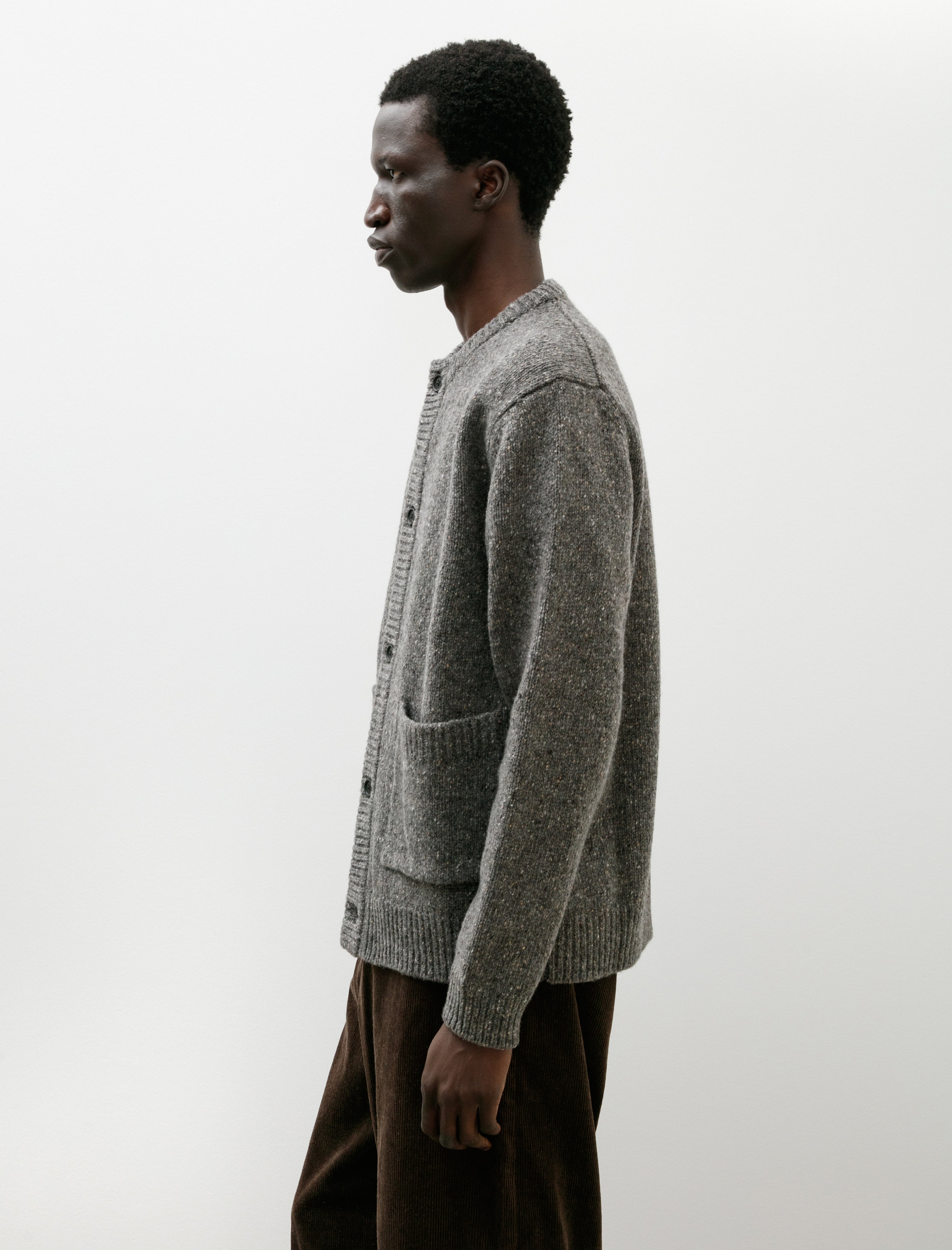 Evan Kinori Crewneck Cardigan Wool Tweed Heather Grey