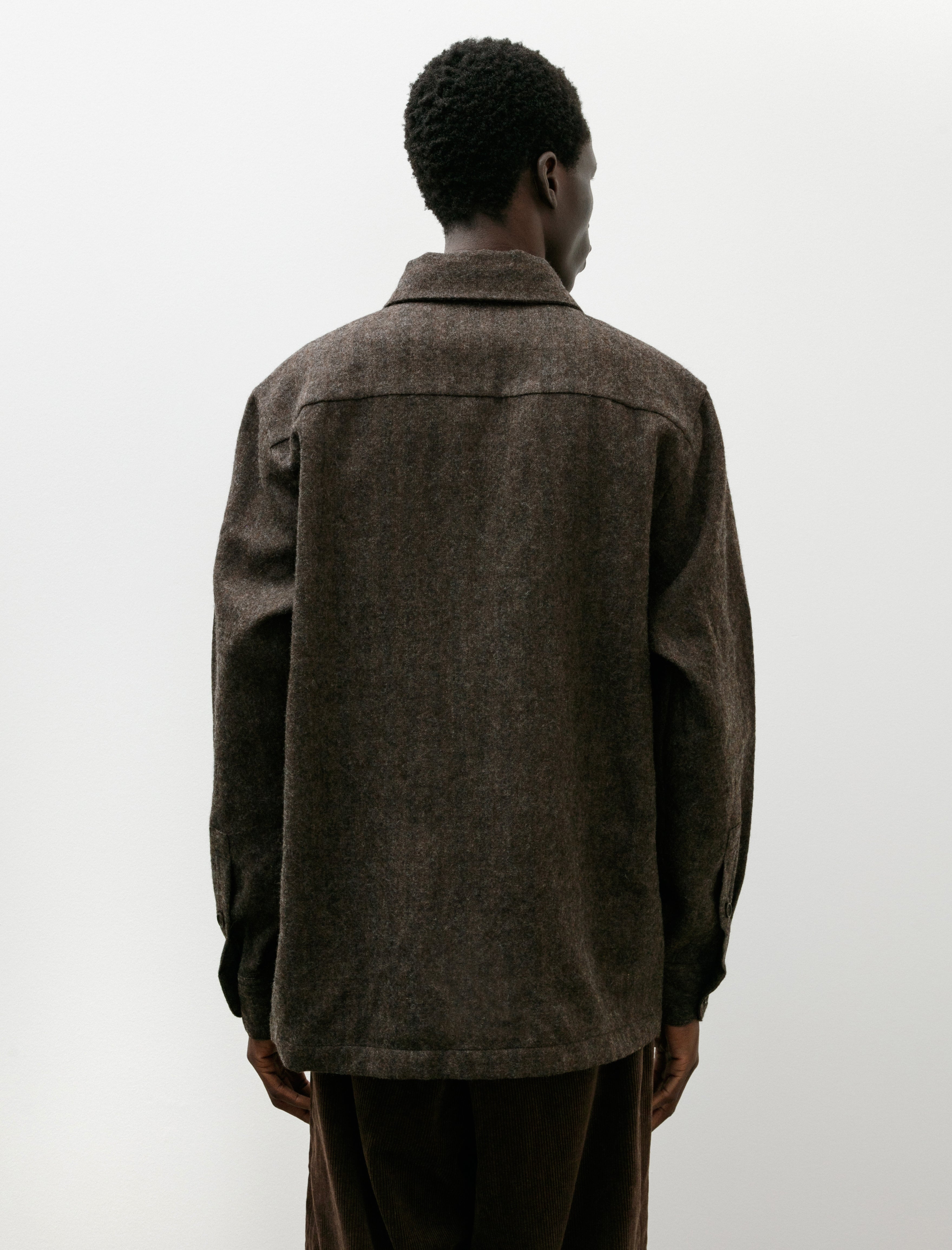 Evan Kinori Flat Hem Shirt Undyed Wool Herringbone Dark Brown