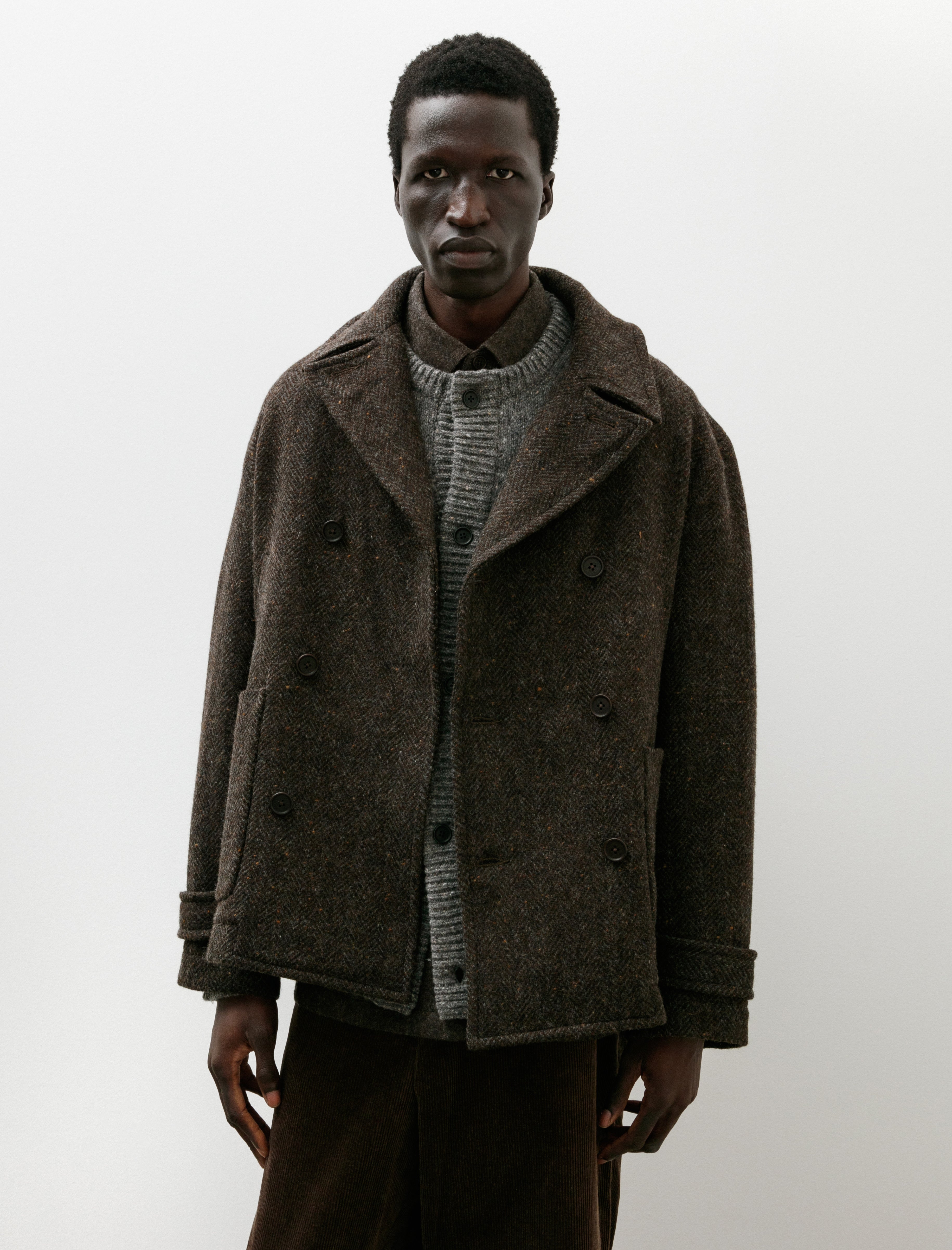 Evan Kinori Peacoat Wool Herringbone Brown/Charcoal