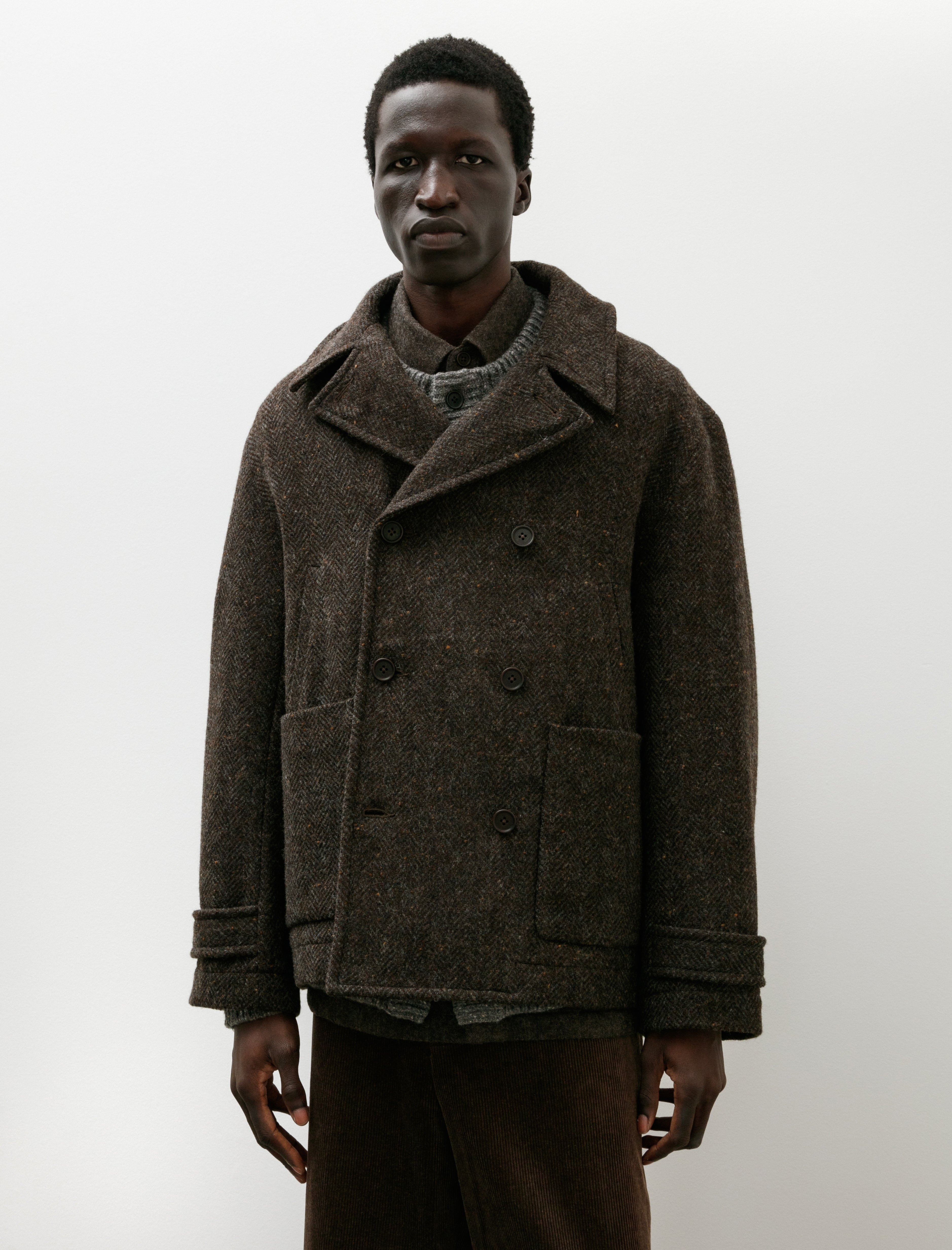 Evan Kinori Peacoat Wool Herringbone Brown/Charcoal