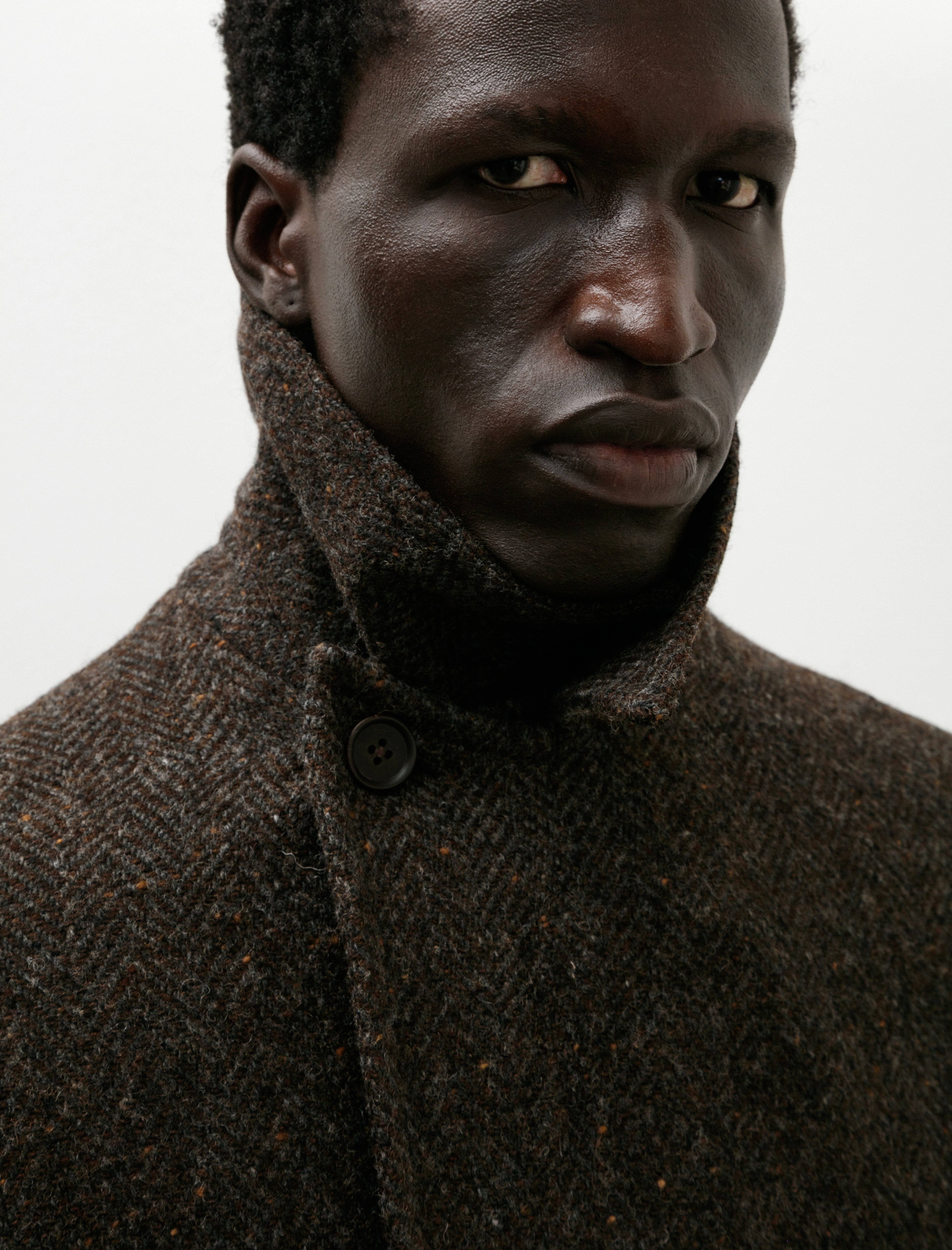 Evan Kinori Peacoat Wool Herringbone Brown/Charcoal