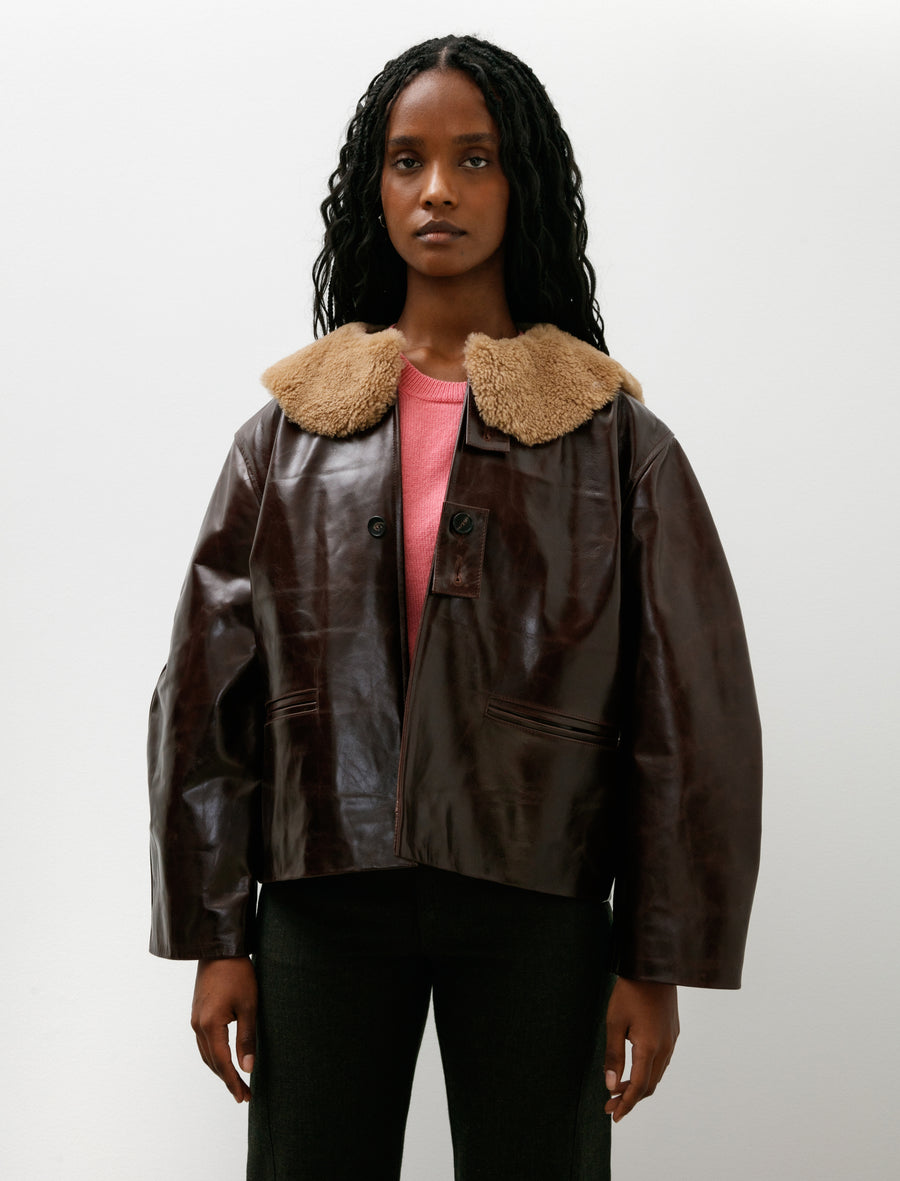 Leather Ellie Jacket with Curly Hair Collar Canada Brown - Image 2