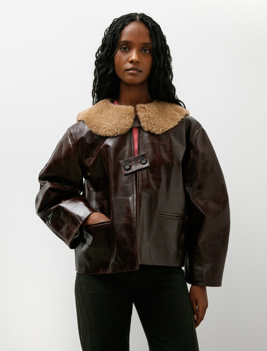 Leather Ellie Jacket with Curly Hair Collar Canada Brown - Image 4