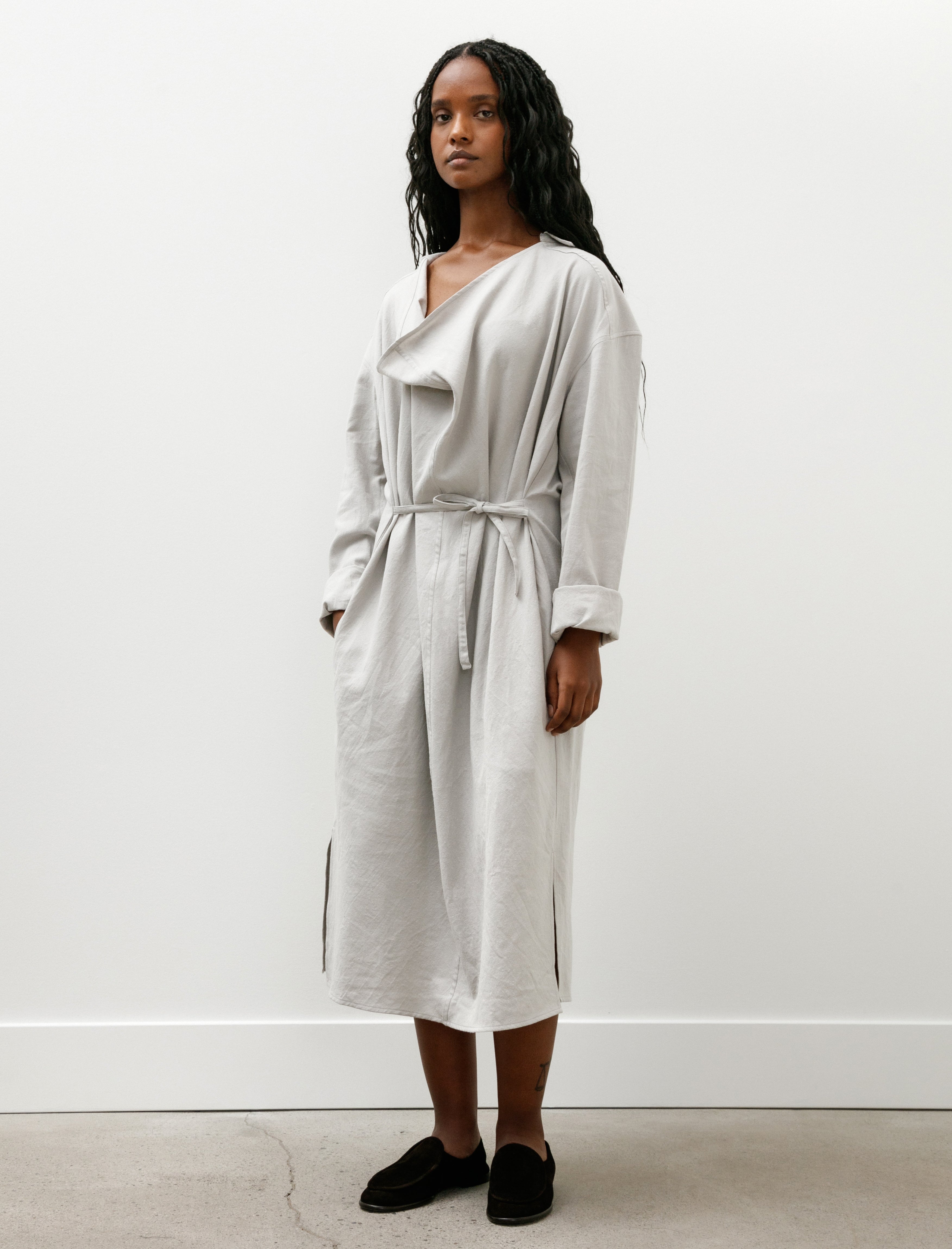 Wanze Drape Neck Shirt Dress Raw Cotton Silk Light Grey