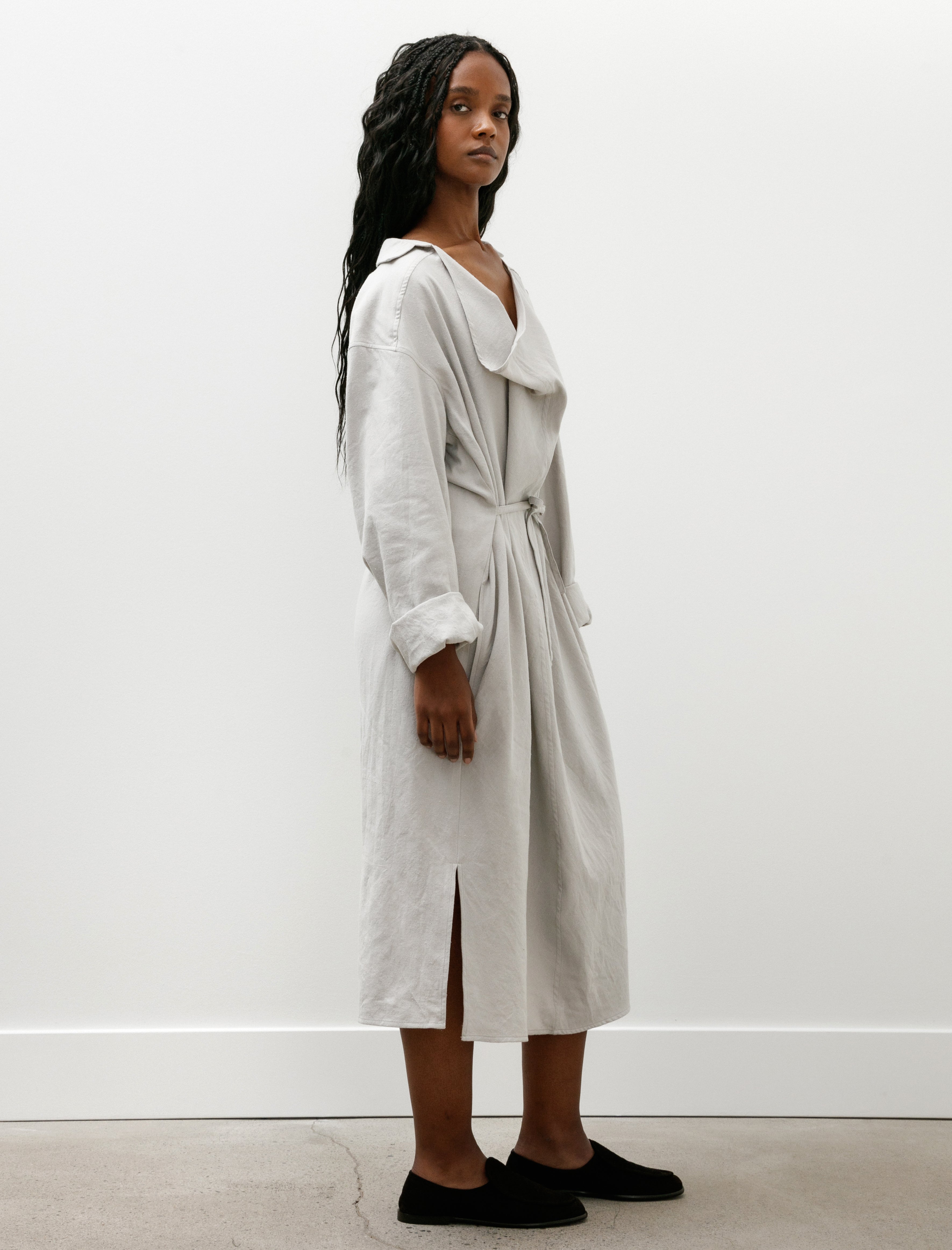 Wanze Drape Neck Shirt Dress Raw Cotton Silk Light Grey